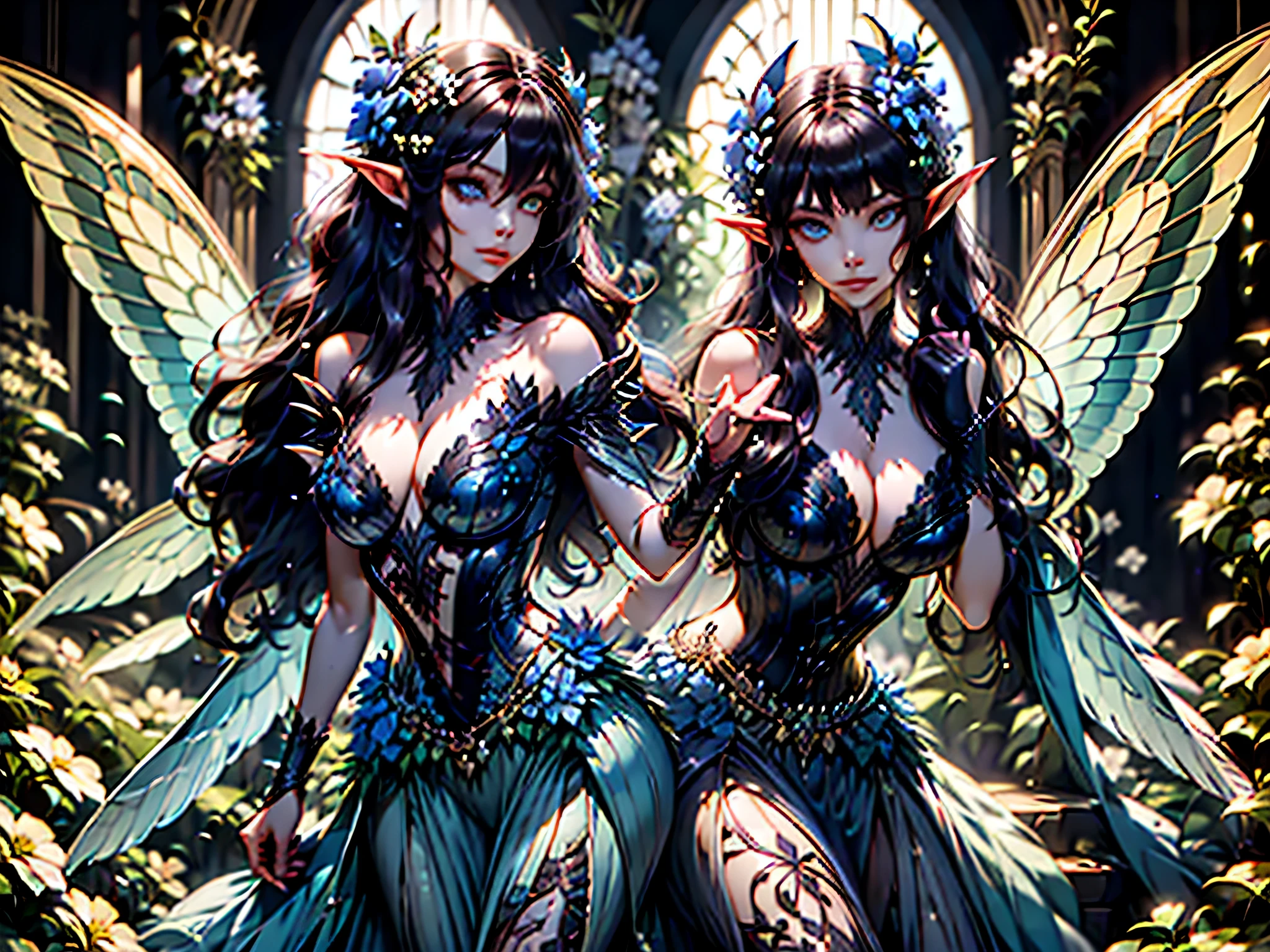 high details, best quality, 16k, RAW, [best detailed], masterpiece, best quality, (extremely detailed), full body, ultra wide shot, photorealistic, dark fantasy art, goth art, RPG art, D&D art, a picture of a dark female fairy resting in a flower meadow, extremely beautiful fairy, ultra feminine (intense details, Masterpiece, best quality), best detailed face (intense details, Masterpiece, best quality), having wide butterfly wings, spread butterfly wings (intense details, Masterpiece, best quality), dark colors wings (intense details, Masterpiece, best quality), black hair, long hair, shinning hair, flowing hair, shy smile, innocent smile, blue eyes, dark red lips, wearing [red] dress latex corset (intense details, Masterpiece, best quality), dynamic elegant shirt, chocker, wearing high heels, in dark colored flower meadow (intense details, Masterpiece, best quality), (red flowers: 1.2) , (black flowers: 1.2), (white flowers: 1.2), (blue flowers: 1.3) [extreme many flowers] (intense details, Masterpiece, best quality), dark colorful flowers (intense details, Masterpiece, best quality), flower meadow in a dark goth field background, dim light, cinematic light, gaslight lamp light, High Detail, Ultra High Quality, High Resolution, 16K Resolution, Ultra HD Pictures, 3D rendering Ultra Realistic, Clear Details, Realistic Detail, Ultra High Definition