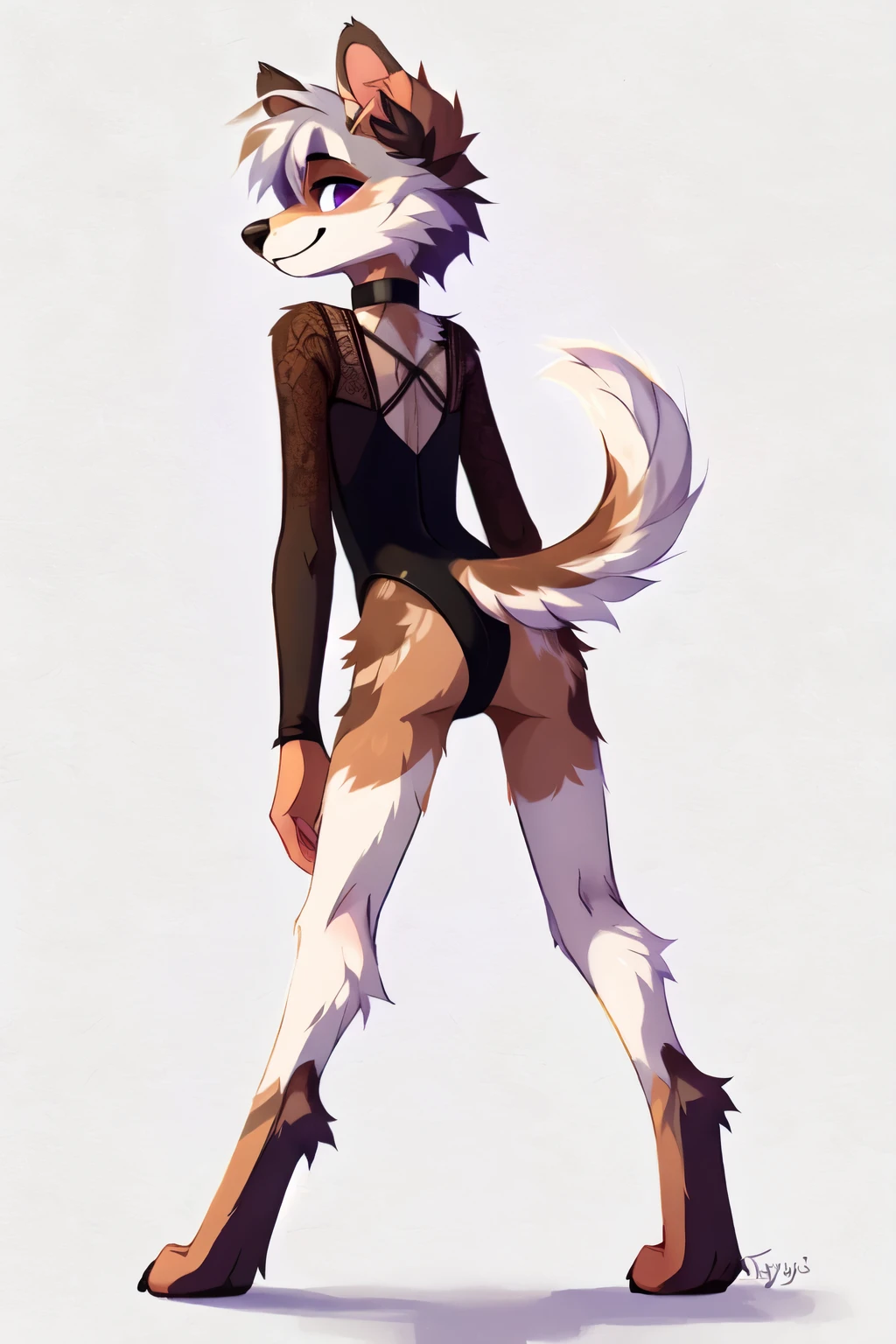 Color pencil sketch, No background, white background, ((by reysi)), Furry, solo, ((Australian Shepard)), detailed fur, ((teen)), ((male)), ((full body)), ((digitigrade legs)), ((slender, skinny)), white hair, (purple eyes, sly smile, ear ring, tight choker), (black demonic leotard, long sleeve leotard, lace stockings), (focus on butt, behind view, short tail), (bending over, seductive, sensual, erotic)