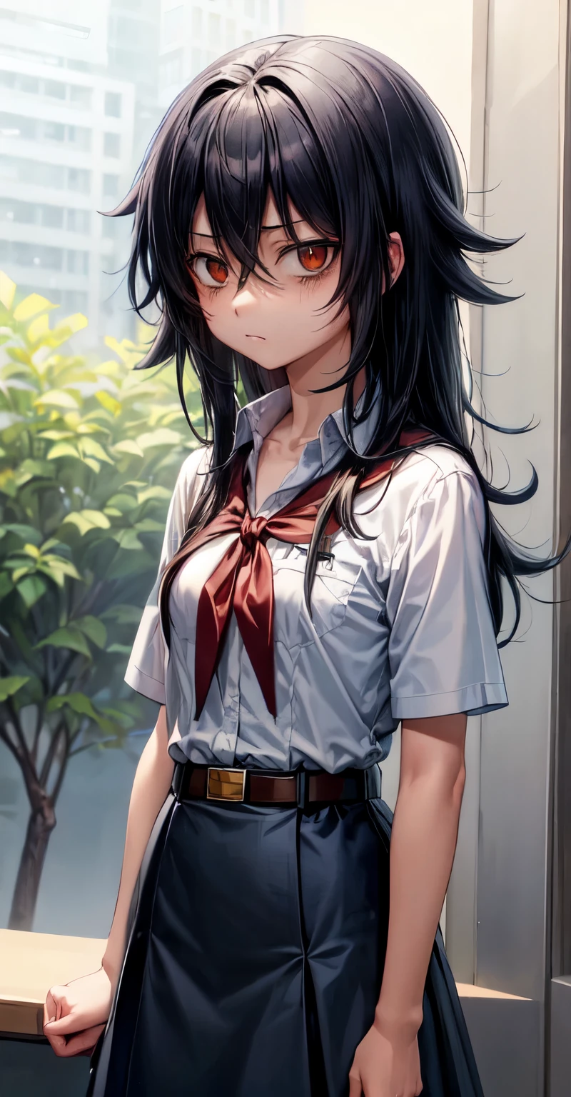 kuroki_tomoko, long dark disheveled hair, bruises under the eyes, pioneer neckerchief, blue skirt, bangs, shirt, collarbone, white shirt, short sleeves, collared shirt, belt, red neckerchief, full height