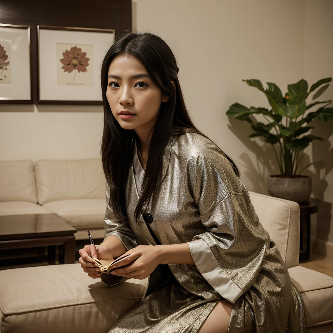 Concentrada em seu livro na sala de casa , a Chinese woman of rare and different beauty is captured by photography