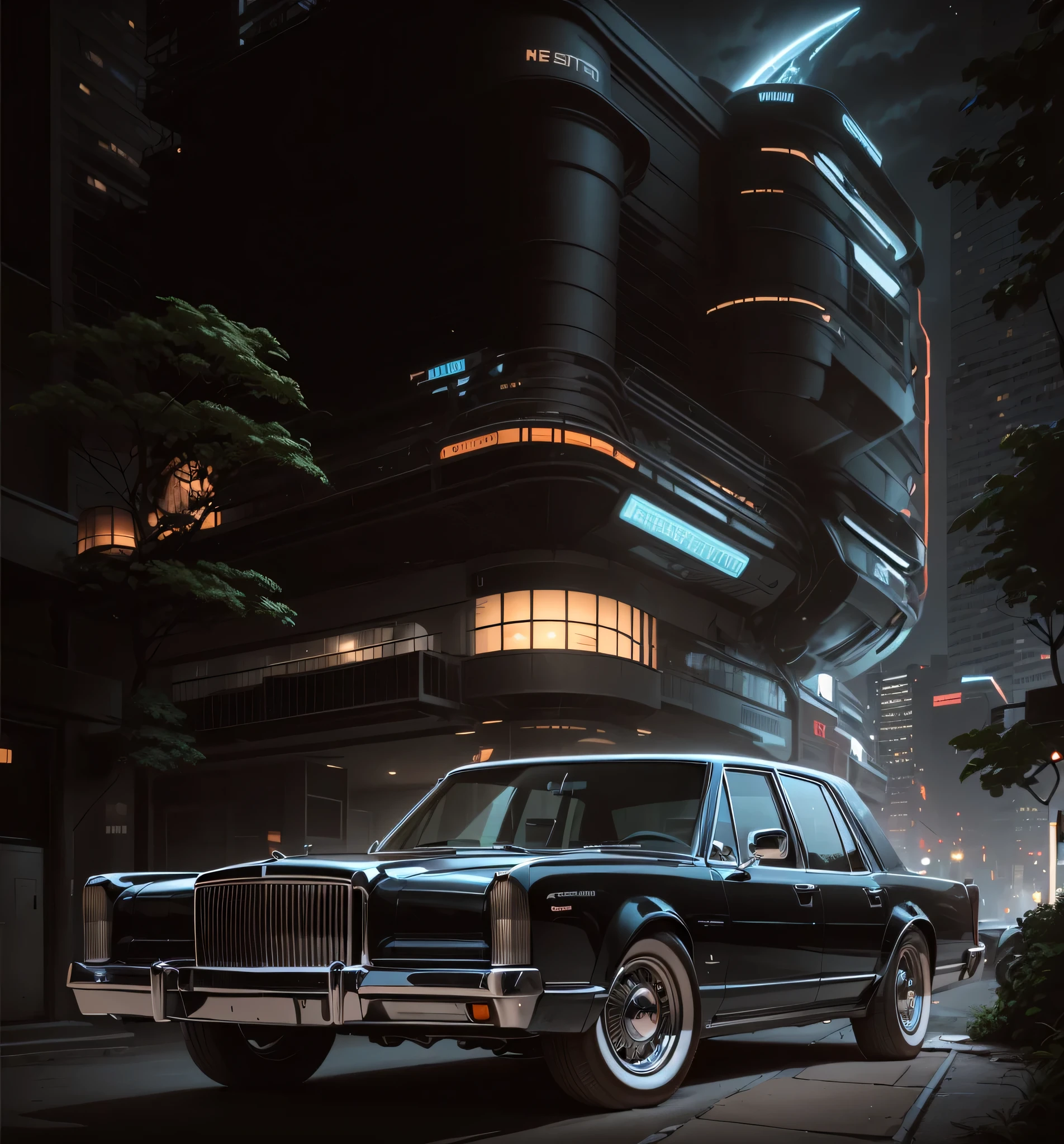 An imposing classic Lincoln Continental Mark IV showroom car, impecavelmente restaurado, ostenta rodas BBS RS de 17 polegadas com acabamento cromado. Its ridiculously low stance brings it closer to the asphalt of the tree-lined street dominated by retrofuturistic buildings illuminated in a beautiful, noite estrelada.
