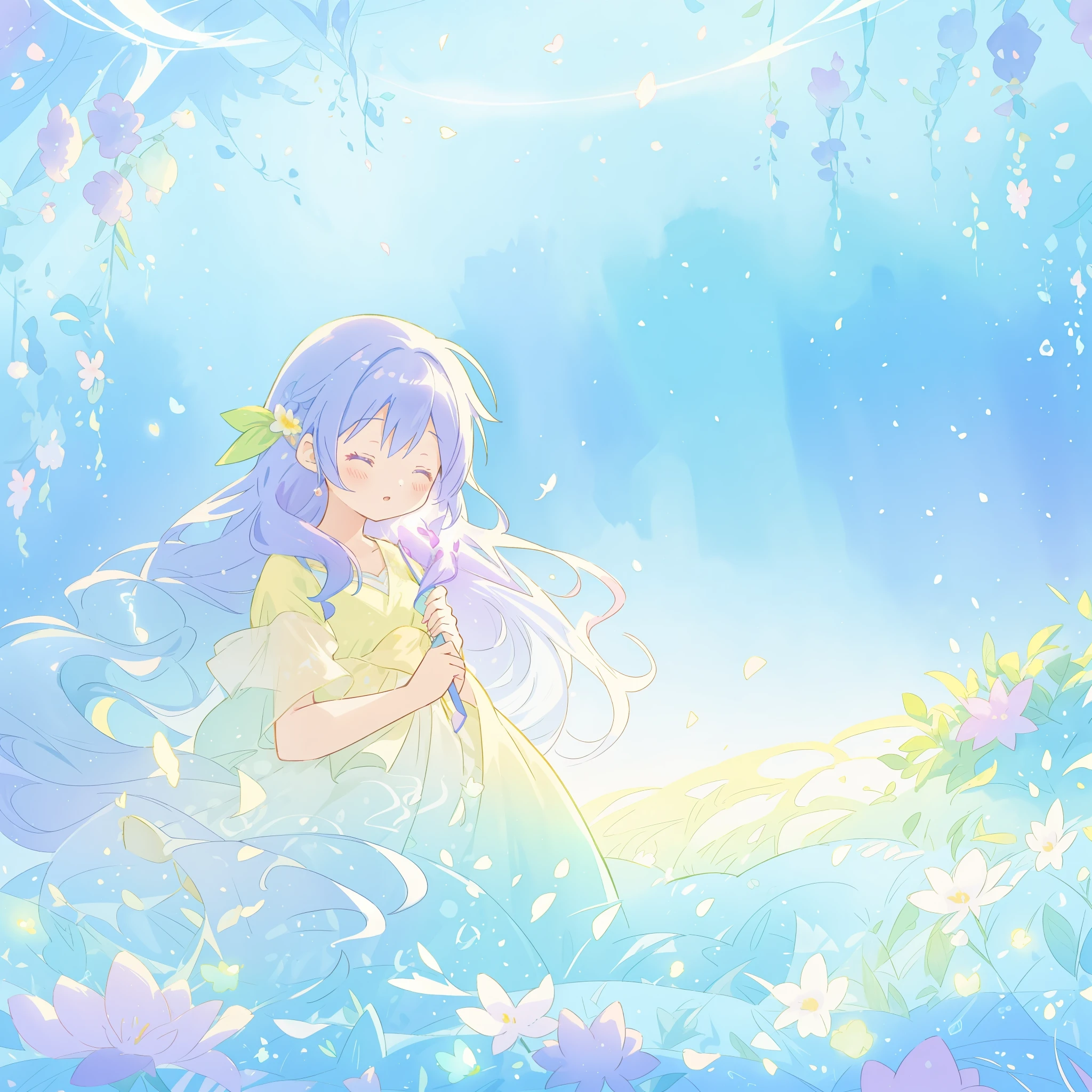 beautiful girl in yellow mint gradient flowing dress, long flowing blue purple hair, colorful fantasia background, watercolor illustration, disney art style, glowing aura around her, glowing lights, beautiful digital illustration, fantasia otherworldly landscape plants flowers, beautiful, masterpiece, best quality, anime disney style