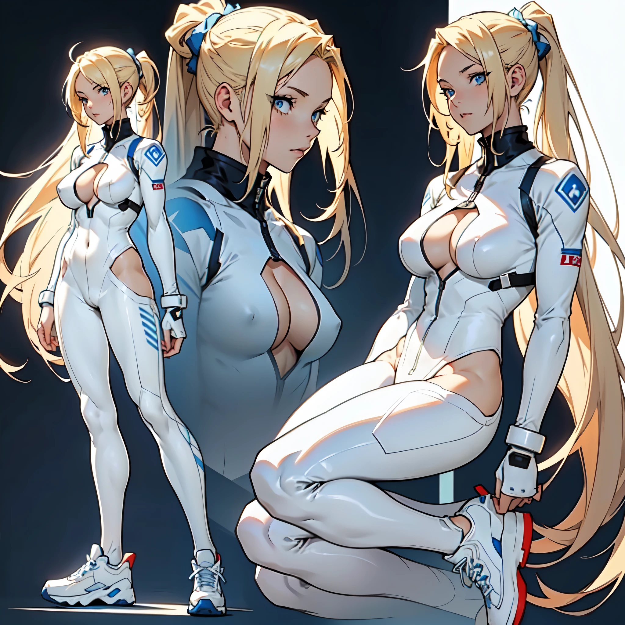 anime girl with long thin light blonde hair tied in a ponytail, pale skin, multicolored hair blonde and blue, nude belly, (blue and white theme), (underboob clevage), ((white bodysuit)), (((big breasts))), white sneakers with blue details, anime character reference sheet, female anime character, anime character design, full body concept, anime full body illustration, ( ( character concept art ) ), full body concept art, blonde anime girl with long hair, white background