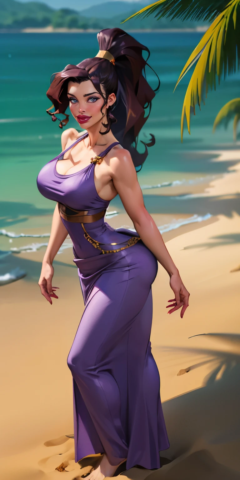 (best quality,4k,8k,highres,masterpiece:1.2),ultra-detailed,(realistic,photorealistic,photo-realistic:1.37),HDR,UHD,1girl, full body of beautiful megara, bare shoulders, long purple dress, looking at viewer, volumetric lighting, best quality, masterpiece, realistic , (gigantic breasts), 1girl, face portrait of megara, evil smile, high ponytail, long hair, bare shoulders, long purple dress, beach, sand, sea, looking at viewer, volumetric lighting, best quality, masterpiece, retro artstyle,  