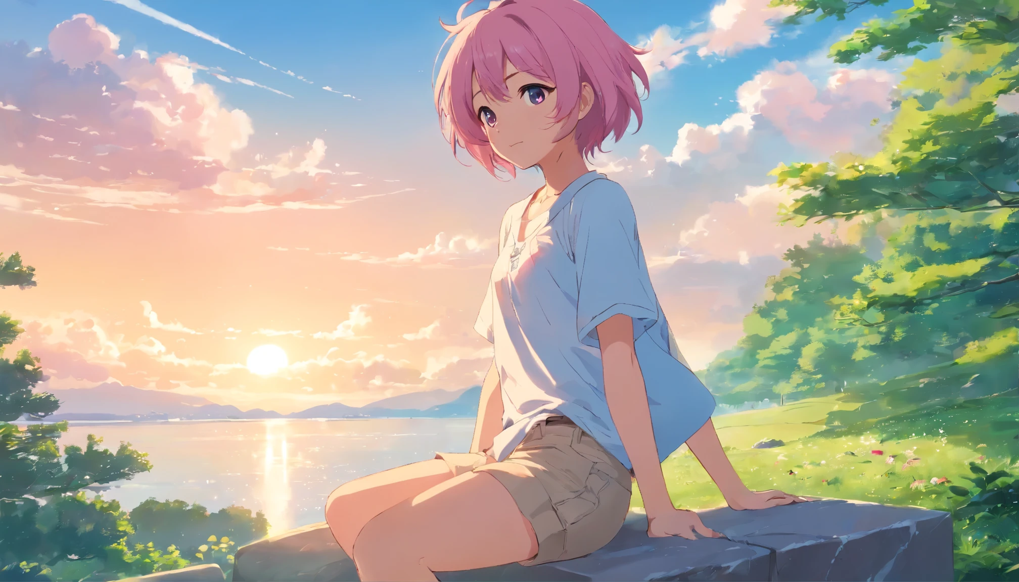 , by personalami, by totesfleisch8, by darkgem, by photonoko, solo, pink domestic dog, pink furry body, wavy pink hair, pink nose, pink eyes, pink dog tail, pointy dog ears, wearing white blouse, blue boy shorts, barefoot, feet paws, 4 toes, posing seductive, in a heavenly park, sitting on an elegant stone