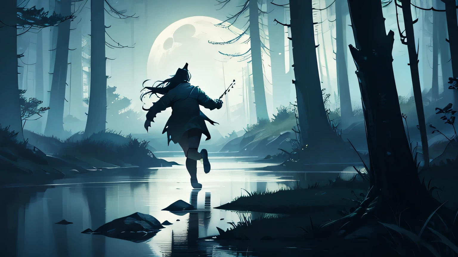 one person run towards the river of a dark lake surrounded by woods. horror, low lighting, creepy, night, no moon, environment art. side view