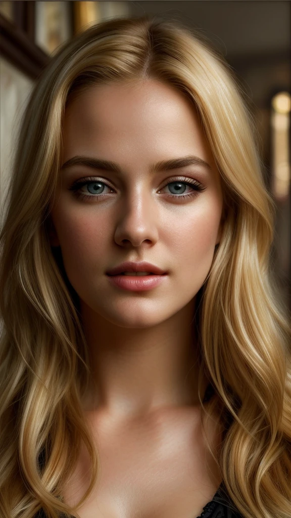 Best Quality, Ultra Detailed, Realistic:1.37, Fun and Cheerful, Cinematic, Dramatic Lighting, Oil Painting, Vintage Style, Closer Gaze, Solid Characteristics, Expressive Eyes, Lush Blonde Hair, Charismatic Presence, Sophisticated Painting, Textured Background, Shadow and Highlights , contrast, mesmerizing intensity, charming facial expression, penetrating gaze, charm