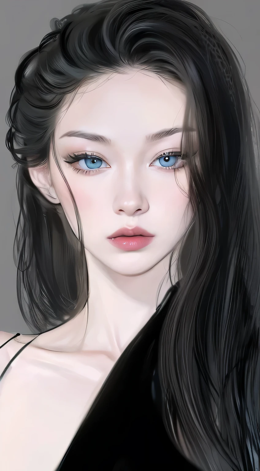 a cold tempered girl with black hair and light blue lenses and cold red lipstick, wearing black dress