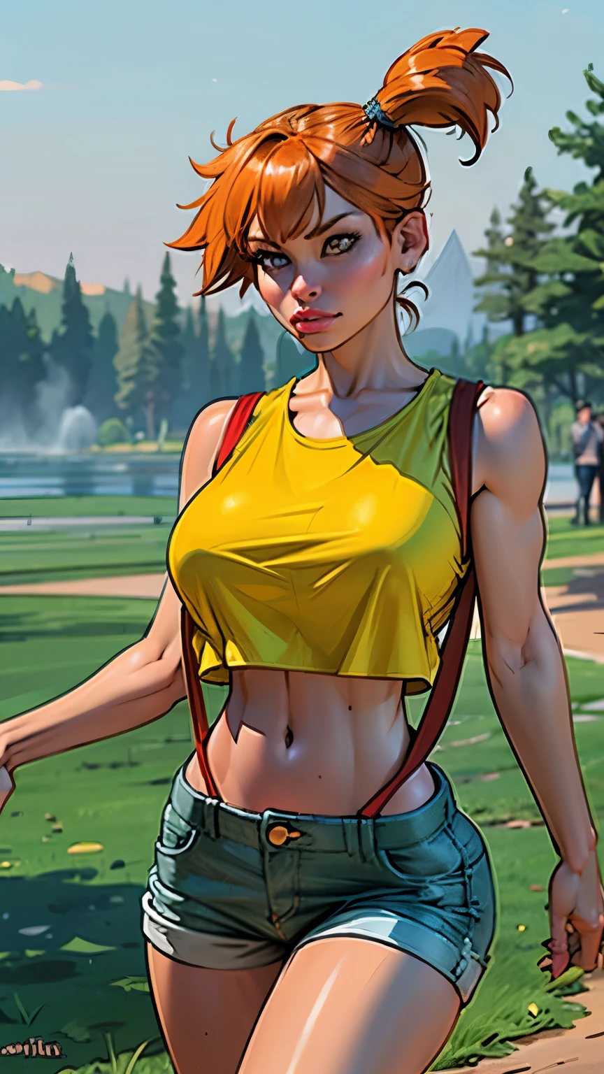 (best quality,4k,8k,highres,masterpiece:1.2),ultra-detailed,(realistic,photorealistic,photo-realistic:1.37),HDR,UHD, ((misty)), character, studio lighting,ultra-fine painting,sharp focus,physically-based rendering,extreme detail description,professional,(orange hair), (gigantic breasts), side short ponytail, ((red suspenders)), ((yellow tank top)), short blue shorts,bokeh, masterpiece, best quality, highres, 1girl, misty (pokemon), orange hair, solo, serious face look,suspenders, side ponytail, orange hair, midriff, yellow crop top, navel, short hair, denim, denim shorts cowboy shot, outdoors