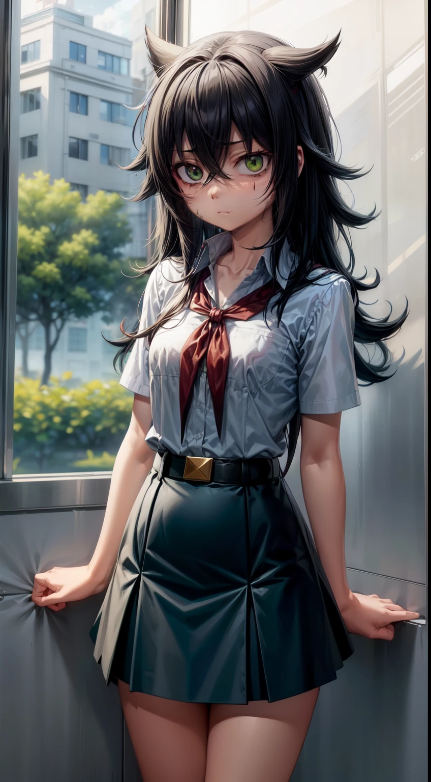 kuroki_tomoko, long dark disheveled hair, bruises under the eyes, green eyes, pioneer neckerchief, blue skirt, bangs, shirt, collarbone, white shirt, short sleeves, collared shirt, belt, red neckerchief, full height