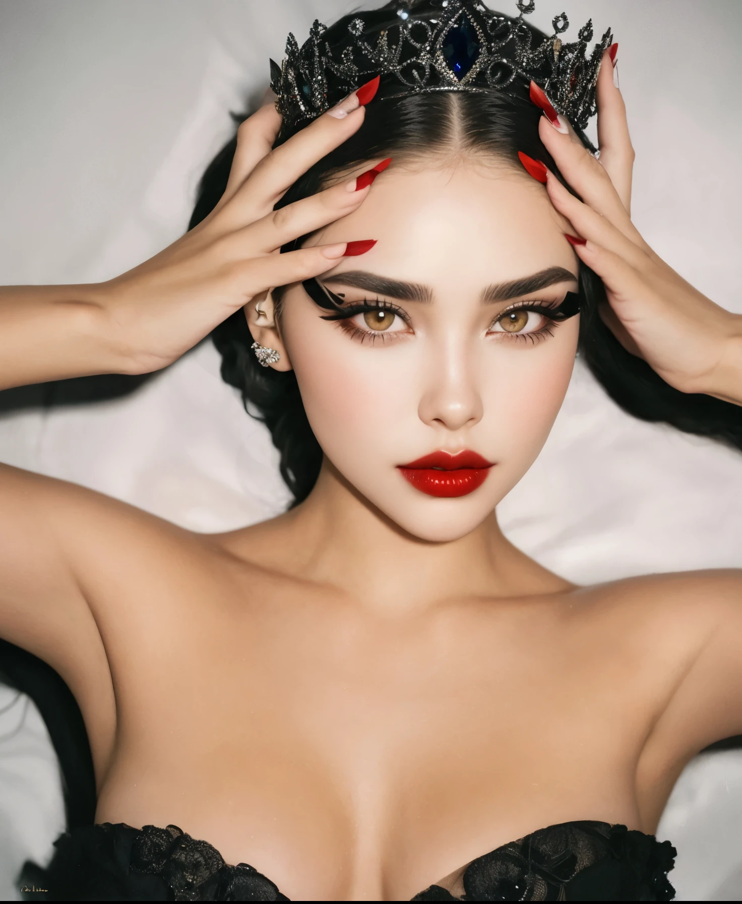 arafed woman with red lipstick and a crown on her head, soft devil queen madison beer, wide golden eyes and red lips, inspired by Hedi Xandt, sexy face with full makeup, evil look, beautiful vampire queen, vampire queen, olivia culpo as milady de winter, red lips, red and black tones, thick red lips, fierce eyes