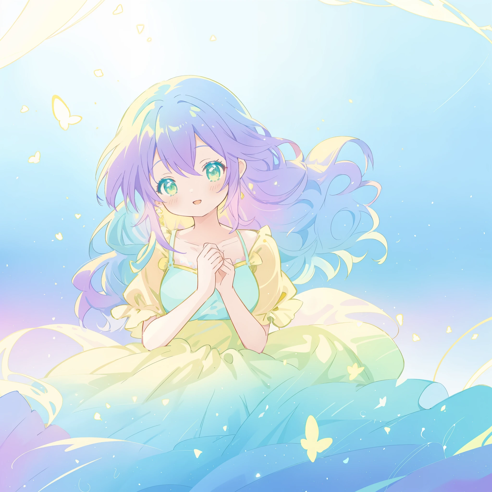 beautiful girl in yellow-mint gradient layered fantasy dress, long flowing blue-purple hair, colorful fantasia background, watercolor illustration, (vibrant bright colors), disney art style, glowing aura around her, glowing lights, beautiful digital illustration, fantasia otherworldly, beautiful, masterpiece, best quality, anime disney style