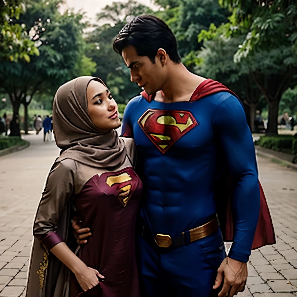 A romantic couple superman and a indonesian beautifull hijab lady. background romantis park