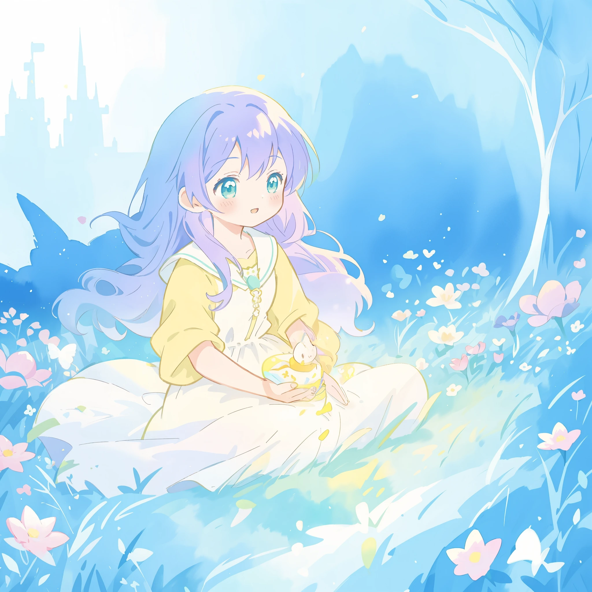 beautiful girl in yellow mint gradient flowing dress, long flowing blue purple hair, colorful fantasia background, vibrant bright colors, watercolor illustration, disney art style, glowing aura around her, glowing lights, beautiful digital illustration, fantasia otherworldly landscape plants flowers, beautiful, masterpiece, best quality, anime disney style