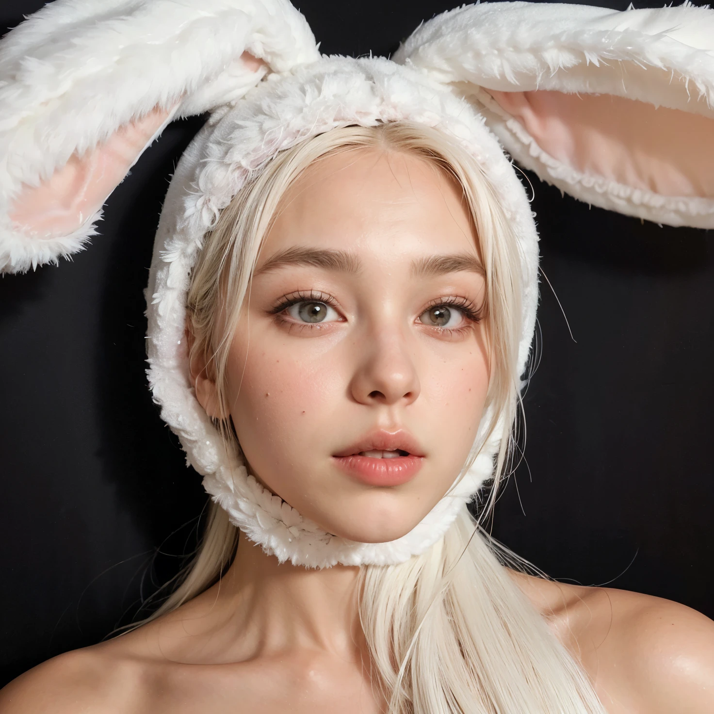 arafed woman with long white hair wearing bunny ears and a white dress, ultrarealistic sweet bunny girl, with bunny ears, with bunny rabbit ears, with long floppy rabbit ears, beautiful lady with bunny ears, bunny ears, bunny girl, bad bunny, face like ester exposito, with big rabbit ears, ava max, doja cat