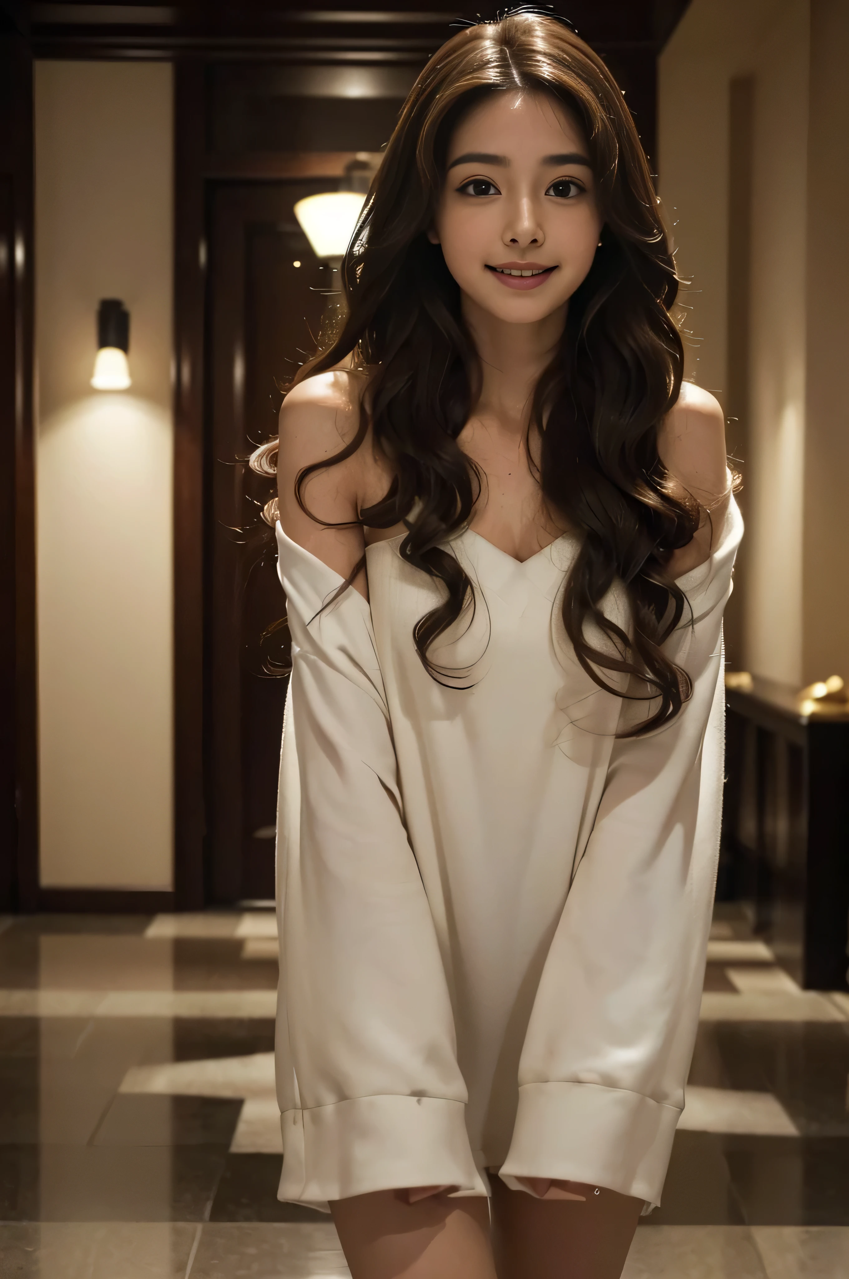 ((beautiful a girl:1.3))、 ((In the hotel lobby:1.3)) ((Walking towards me:1.4))((Thin_fabric:1.4)) ((Random sexy poses:1.3)) ((with a flushed face:1.4)) ((medium milk:1.2)) ((close-up:1.2)) Best Quality,masutepiece,超A high resolution,(Photorealistic:1.4),Raw photo,(Authentic skin texture:1.3),(Film grain:1.3),the panorama,Character Portrait,Very Wide Shot,Narrow waist,Cowboy Shot,(In the Dark, deepshadow, lowkey, cold light,) Night,((Loosely curled hair)),Streaming Tears,,Dust,Tindall Effect,(expression),1girl in,beautiful detailed eyes and face,White Jabot,Brown eyes,((Brown-colored super long hair:1.2)) ((Full body:1.3)) ((Smile:1.3))