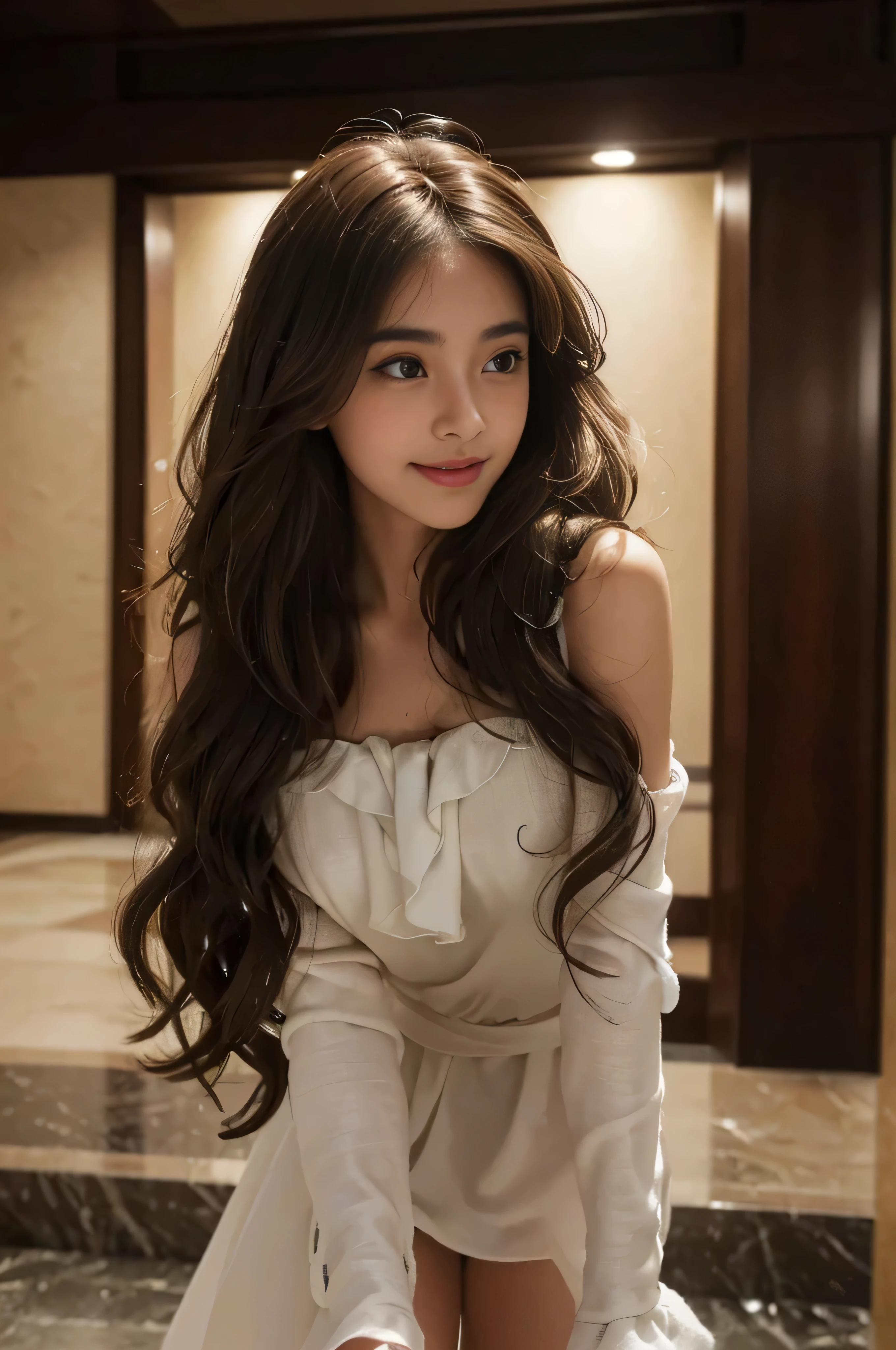 ((beautiful a girl:1.3))、 ((In the hotel lobby:1.3)) ((Walking towards me:1.4))((Thin_fabric:1.4)) ((Random sexy poses:1.3)) ((with a flushed face:1.4)) ((medium milk:1.2)) ((close-up:1.2)) Best Quality,masutepiece,超A high resolution,(Photorealistic:1.4),Raw photo,(Authentic skin texture:1.3),(Film grain:1.3),the panorama,Character Portrait,Very Wide Shot,Narrow waist,Cowboy Shot,(In the Dark, deepshadow, lowkey, cold light,) Night,((Loosely curled hair)),Streaming Tears,,Dust,Tindall Effect,(expression),1girl in,beautiful detailed eyes and face,White Jabot,Brown eyes,((Brown-colored super long hair:1.2)) ((Full body:1.3)) ((Smile:1.3))