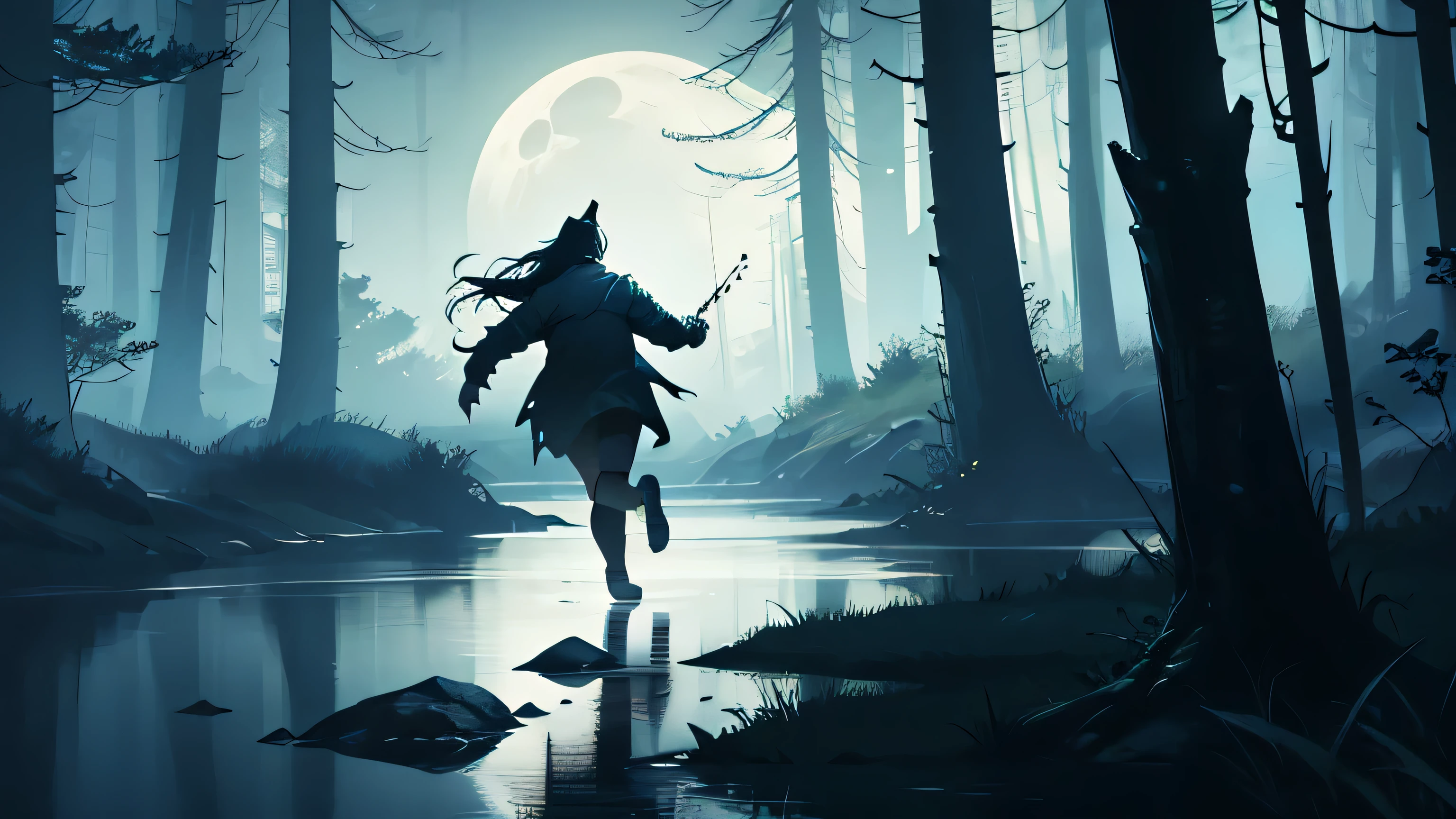 one person run towards the river of a dark lake surrounded by woods. horror, low lighting, creepy, night, no moon, environment art. side view