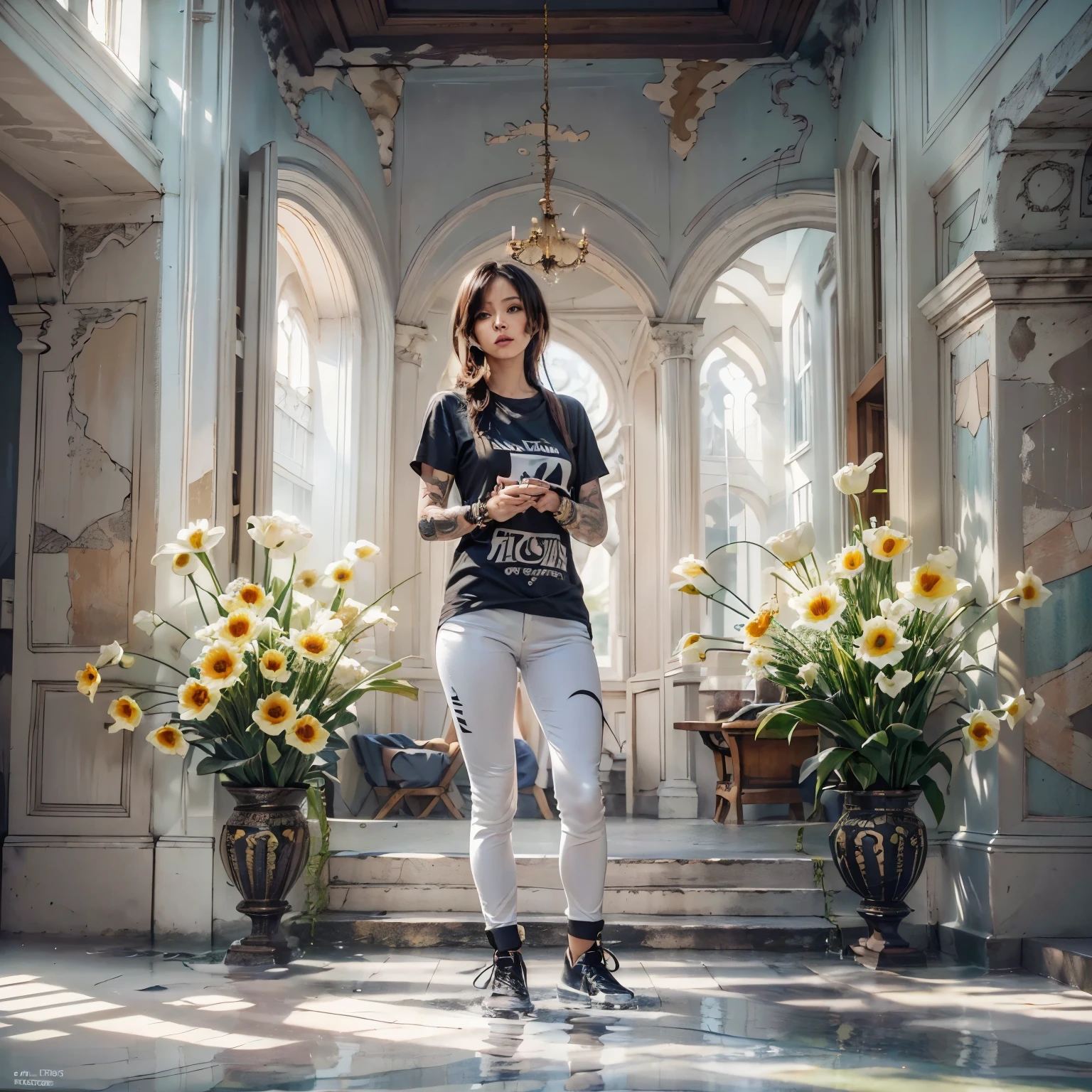 ((Masterpiece, Best quality:1.3), (ultra-detailed:1.3), 1 guy, Alone, (dark hair, shoulder-length, long hair), (on a strong body, dark-stylish T-shirt, strong arms, bracelets, and tattoo, dressed in tight dark pants), (rock star)). ((Calm look, relaxed pose, holding a lily flower in his hand.). (Stands at full height). (Modern interior, studio hall, many flowers - lilieodern style, Hi-Tech, high ceilings)). Best quality, (SURREALISM: 1.3)). (real flowers decorate the interior in simple glass vases on the floor), (stunning-looking flowerasterpiece: 1.2), (realism: 1.2), (Best quality), (special attention to details, colors, room elements: 1.3)). (Open window, exquisite design, in light colors mainly: white, blue, yellow, gold). (High light ceiling).((Realistic 3D visualization, super detail, ray tracing, flooded sunlight, contrasting shadows - cold tones, warm soft light)).Modern style (modern), (High-Tech), (surrealism: 1.3), Excellent, high quality. Painted realism.