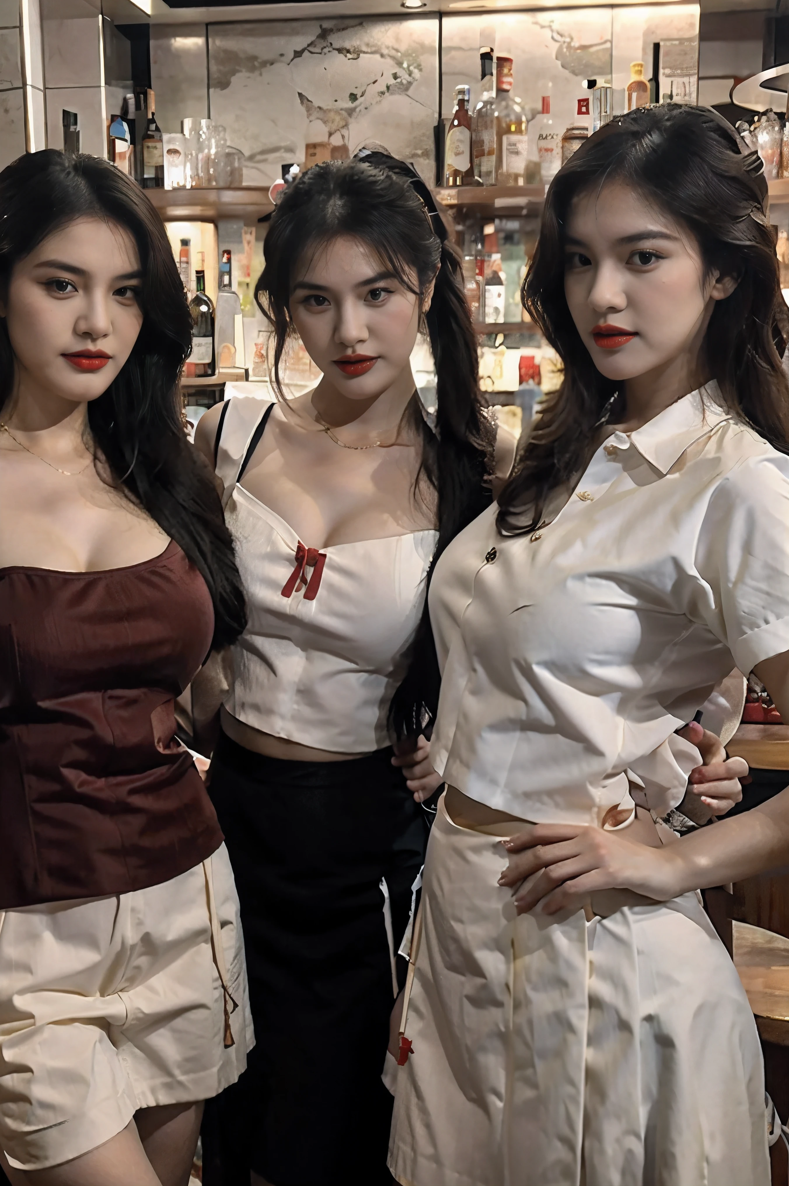 : Three women with red lips and large breasts stood next to each other in front of the bar., which is becoming popular in the CGI society, Gorgeous Chinese model, attractive curves, ( Waiter ) girl, Malaysian, Fully beautiful hands and fingers