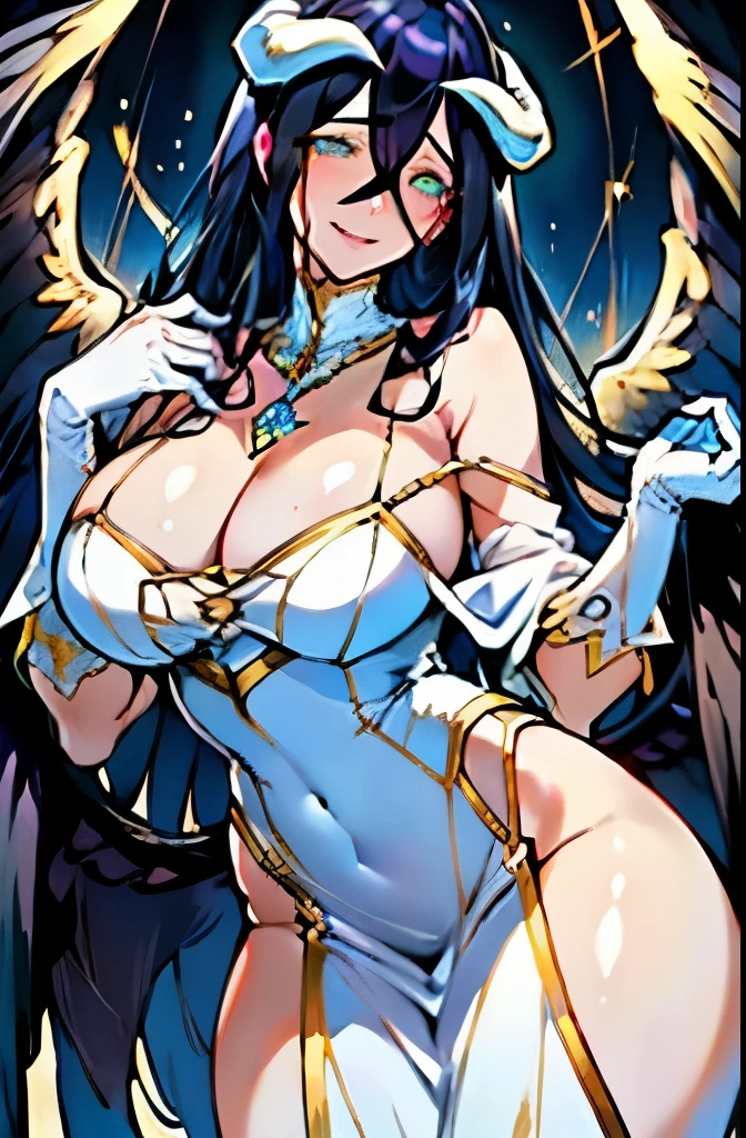photo of a iom girl, Albedo from Nazarick, best highres, best highest quallity, illustration, cinematic light, ultra detailed, detailed face, sweet face, (detailed eyes:1.05), (realistic eyes:1.05), anime girl, best quality, hyper detailed, beautiful masterpiece, masterpiece, (detailed_face), highest details, luminous_eyes, medium breats, beautiful niples, an impeccable beauty, white clothes, lustrous jet-black hair and the face of a goddess, maniacal smile, lips parted, golden irises and vertically split pupils; on her left and right temples are two thick horns protruding crookedly, and on her waist are a pair of black angel wings, a pure white dress with silky gloves covering her slender hands and a golden spiderweb necklace that covers her shoulders and chest