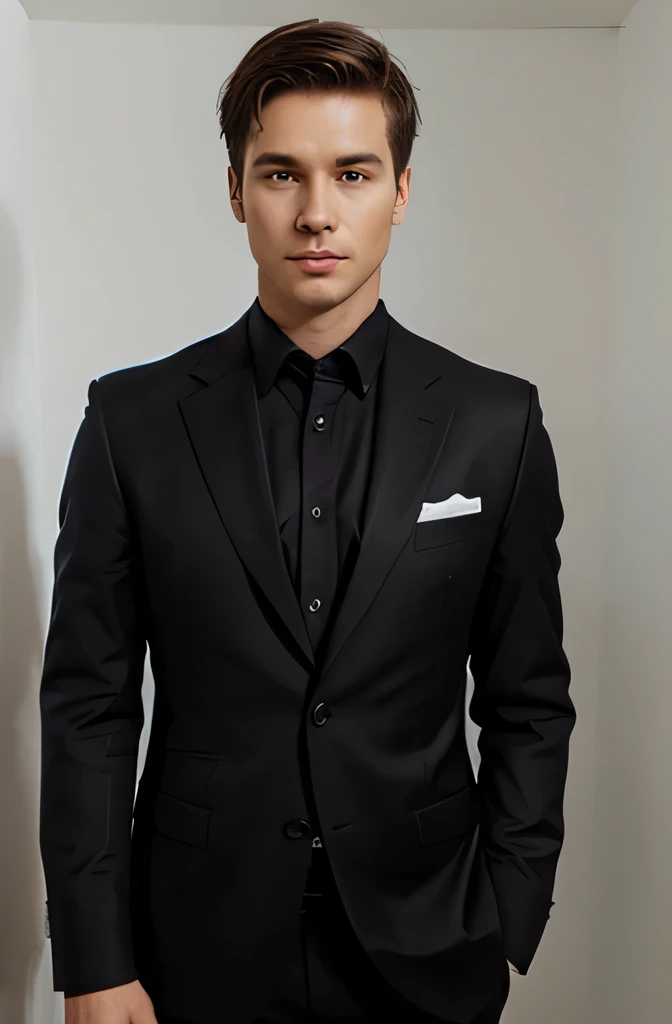 Generate me a passport like picture where there is a man standing infont white background. He has a short brown hair. Brown eyes. He wears a black suit. He is standing tall and looks profesional, elegant and confident.