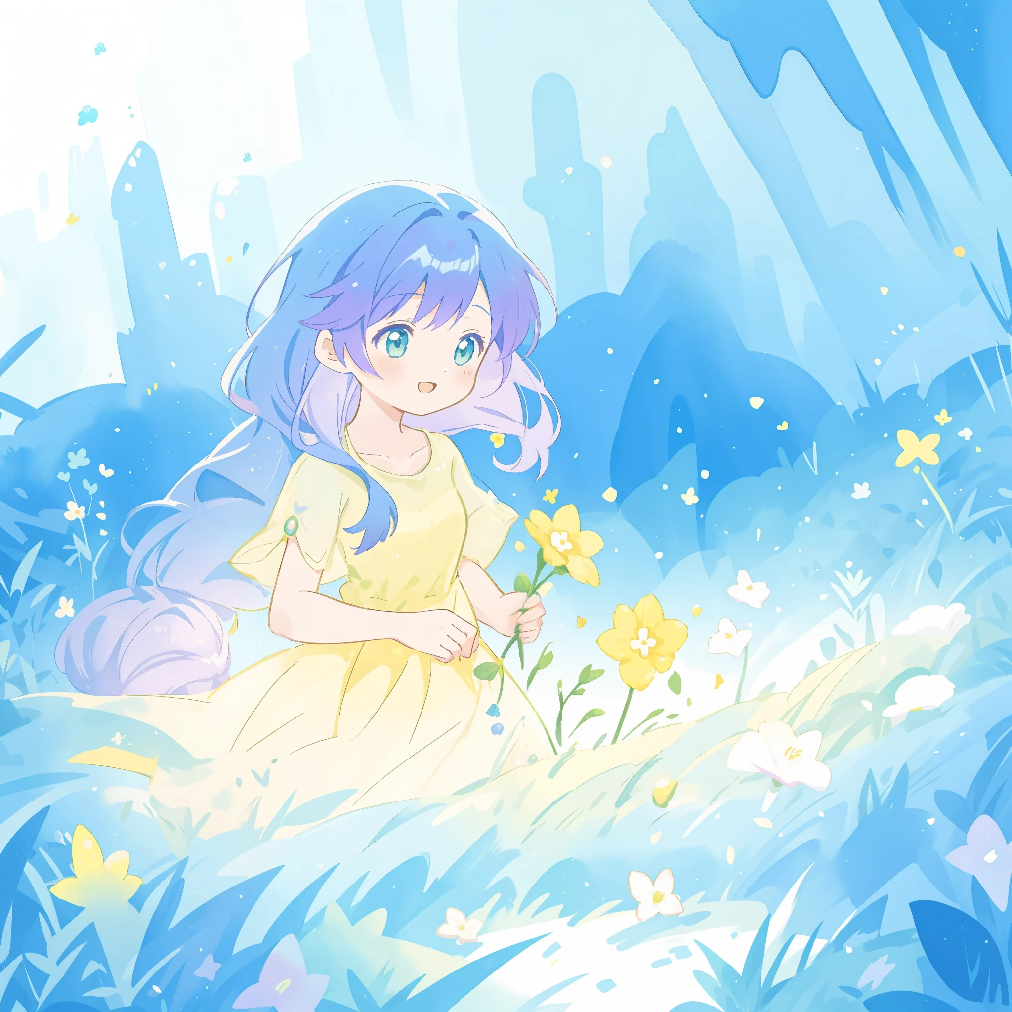 beautiful girl in yellow mint gradient flowing dress, long flowing blue purple hair, colorful fantasia background, vibrant bright colors, watercolor illustration, disney art style, glowing aura around her, glowing lights, beautiful digital illustration, fantasia otherworldly landscape plants flowers, beautiful, masterpiece, best quality, anime disney style