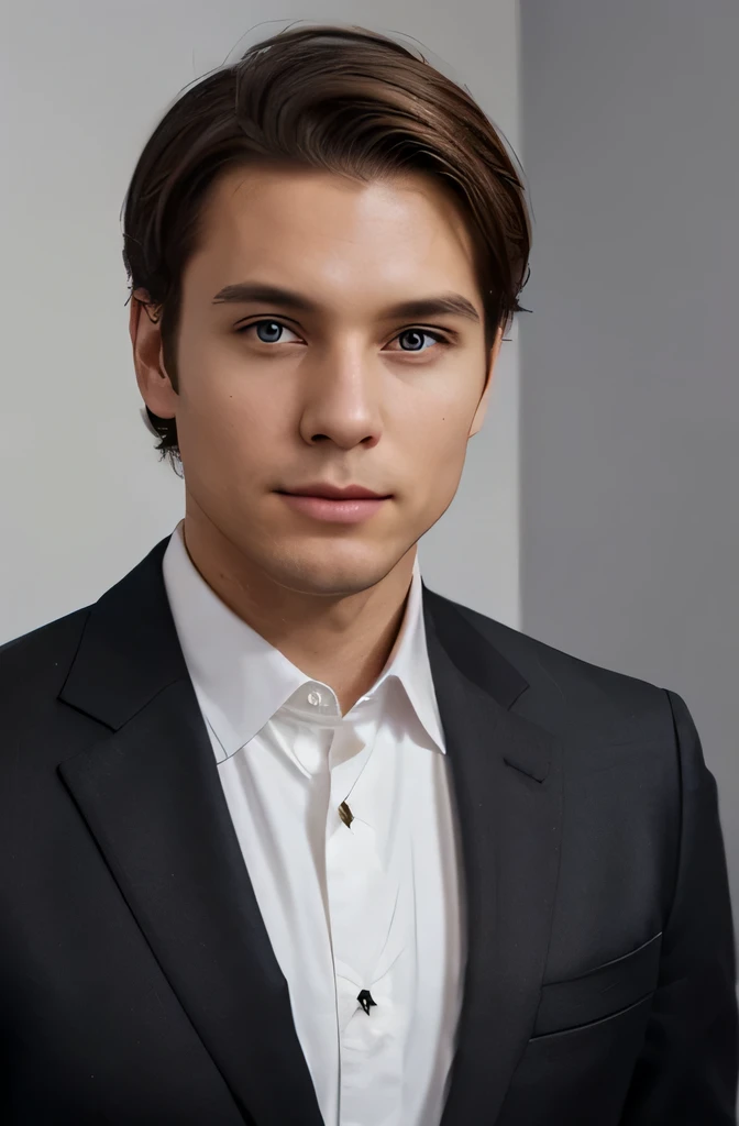 Generate me a passport like picture where there is a man standing infont white background. He has a short brown hair. Brown eyes.Round face. He wears a black suit. He is standing tall and looks profesional, elegant and confident.