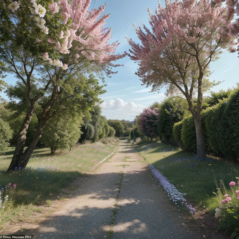 Une vaste étendue de fleurs colorées et variées, comme une marée florale, s'étendant à perte de vue dans un paysage réaliste et de haute qualité. The flowers are vibrant and detailed, avec des couleurs vives et naturelles, and the overall rendering of the image is aesthetic and pleasant to look at.