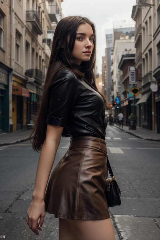Young woman at 25 years old.: 1.3, long hair: 1.2, Professional skirt: 1.2, Daytime: 1.2, square: 1.2, cinematic lighting, surrealism, UHD, Accurate, Super detail, textured leather, High detail, Best quality, 8K