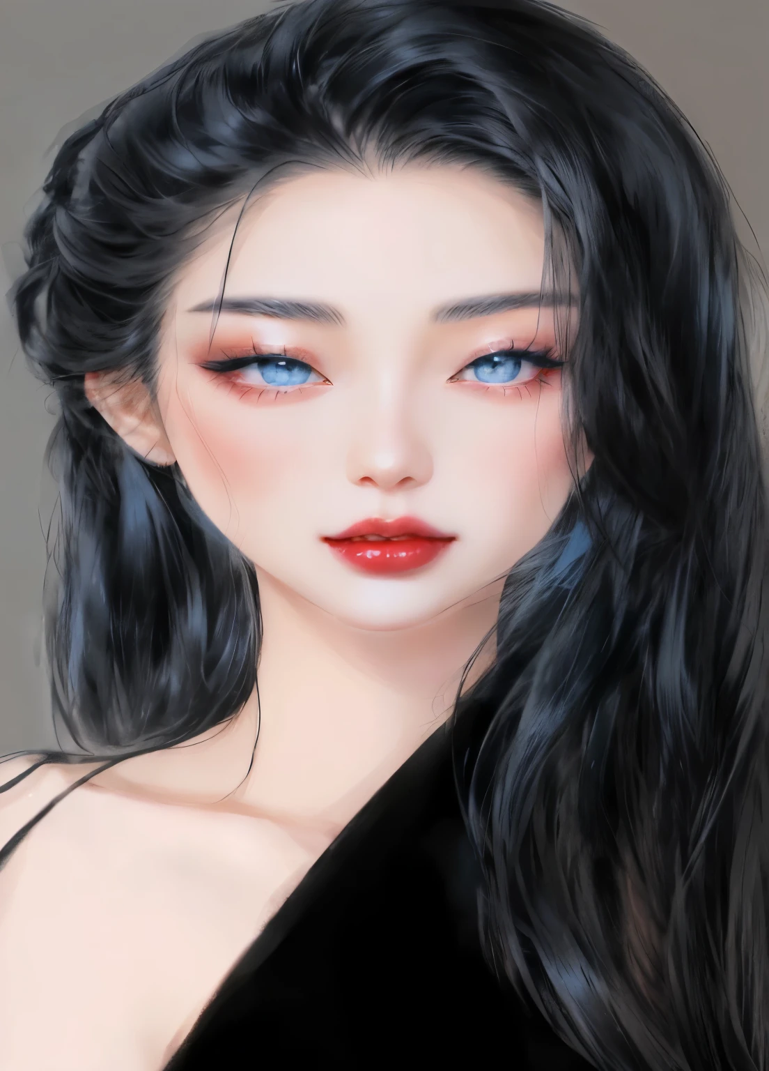 a drawing of a beautiful charismatic asian woman with long black hair and crystal blue eyes with soft red lips, wearing black dress 