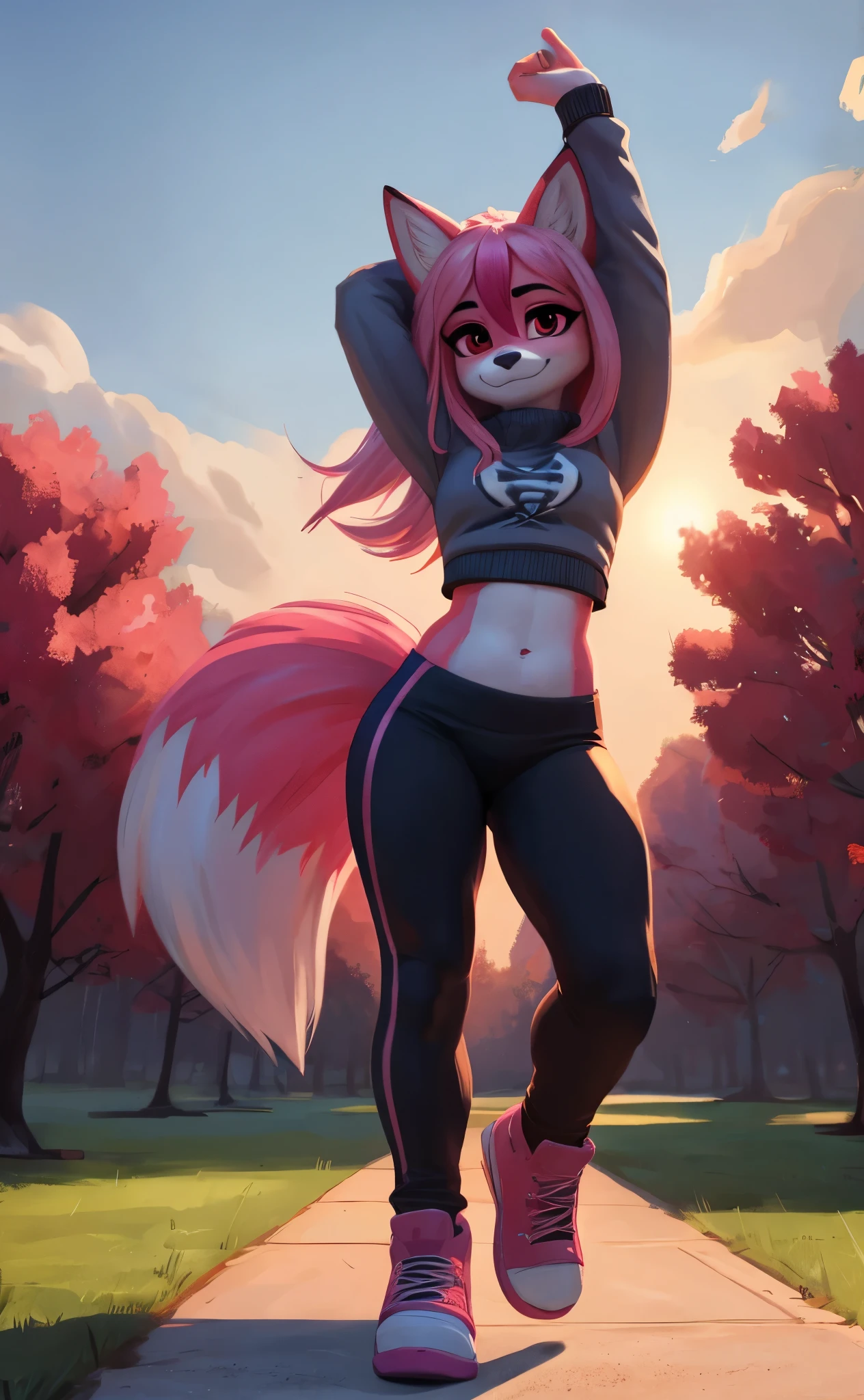 [nazuna hiwatashi], [Uploaded to e621.net; (Pixelsketcher), (wamudrawasterpiece)), ((HD)), ((highres)), ((solo portrait)), ((full body)), ((front view)), ((feet visible)), ((furry; anthro)), ((detailed fur)), ((detailed shading)), ((beautiful render art)), ((intricate details)), {anthro fox girl; pinn fur, black nose, (cute red eyes), (long eyelashes), (luffy pink tail), (long pink hair), (two toned hair), (hot-pink tips on hair), (curvy hips), (beautiful legs), (blushing), (smug smirk)}, {(grey sweatshirt), (navel), (black yoga pants), (pink leg warmers), (white sneakers)}, {(standing), (hands on head), (stretching), (looking at viewer)}, [background; (park), (trees), (beaten path), (clouds in sky), (blue sky), (sun rays), (ambient lighting)]