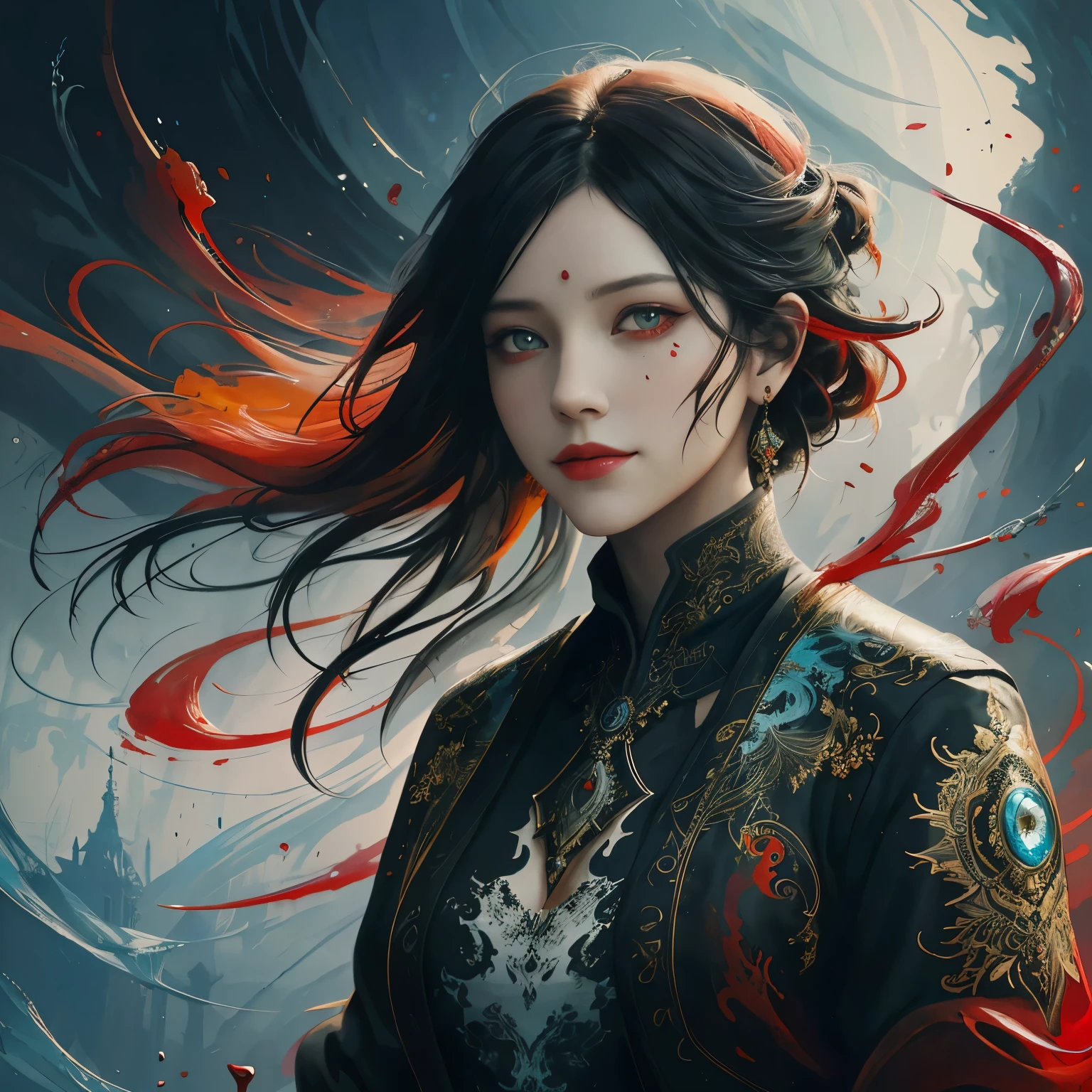 Colorful beautiful woman: Black ink flow: 8k resolution photorealistic masterpiece: by Aaron Horkey and Jeremy Mann: intricately detailed fluid gouache painting: by Jean Baptiste Mongue: calligraphy: acrylic: watercolor art, professional photography, natural lighting, volumetric lighting maximalist photoillustration: by marton bobzert: 8k resolution concept art intricately detailed, complex, elegant, expansive, fantastical, short hair, updo, bloody-red eyes, ironic smile