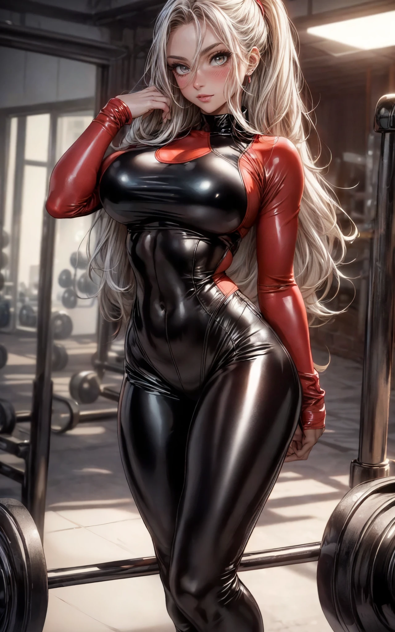 high detail, Full body, wearing (tight shirt:1.2), beautiful detailed face, hazel eyes, (attractive fitness woman:1.3), (seductive:1.1), (blushing:1.1), hourglass body shape, complete shiny aerobic black and red latex bodysuit, big round breasts