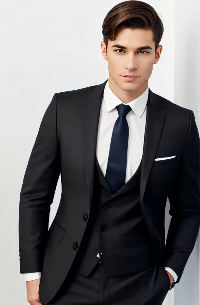 Generate me a passport like picture where there is a man standing infont white background. He has a short brown hair. Brown eyes.Round face. He wears a black suit. He is standing tall and looks profesional, elegant and confident.
