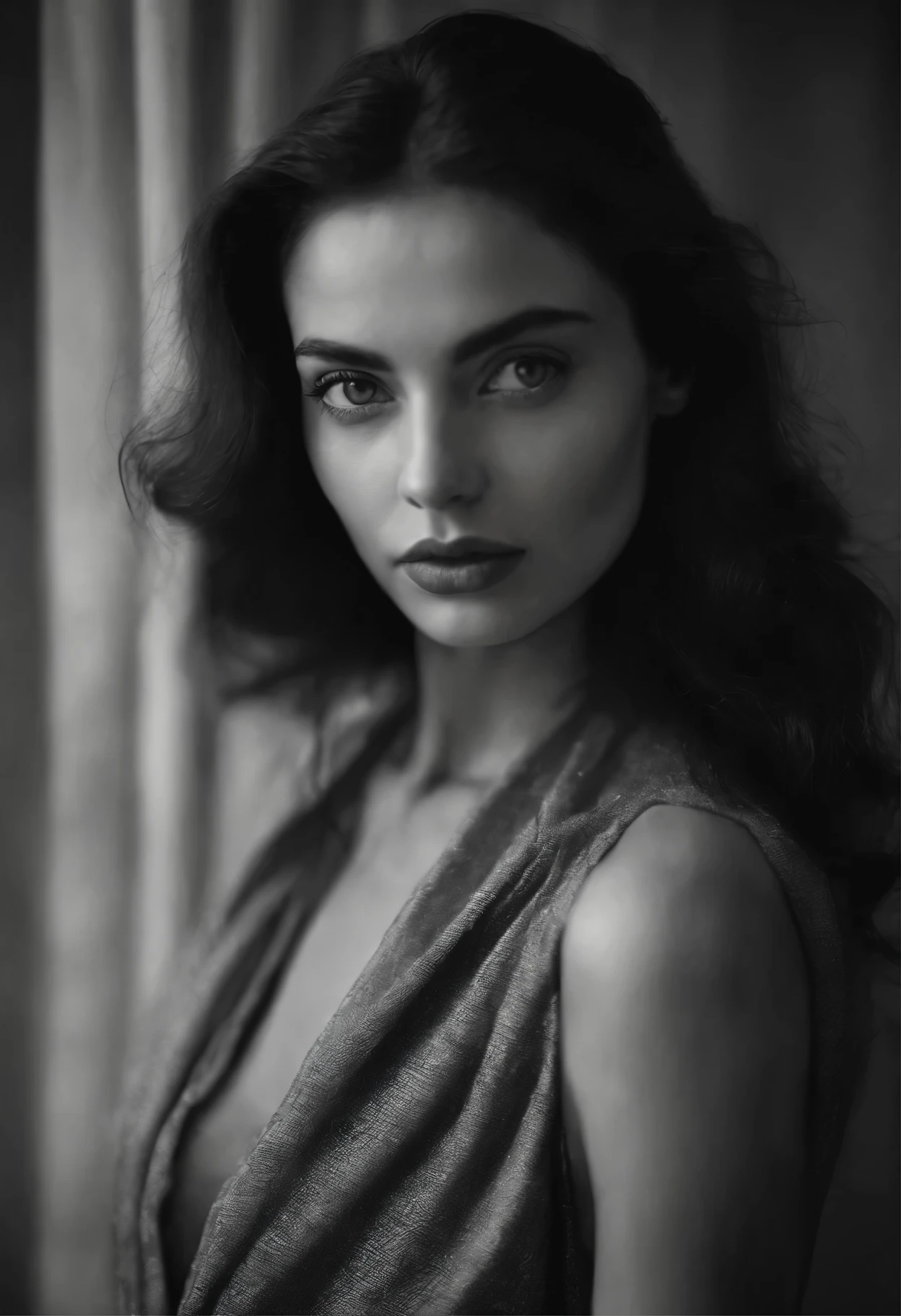 Arafed woman in a black and white photo looking at the camera., Retrato de Sophie Mudd, chiaroscuro portrait, angela sarafyan, tumblr, retrato oscuro, inspirado en Irakli Nadar, Victoria Gavrilenko, inspirado en Max Dupain, Del arte, retrato de 50 mm, inspirado por Emma Andijewska