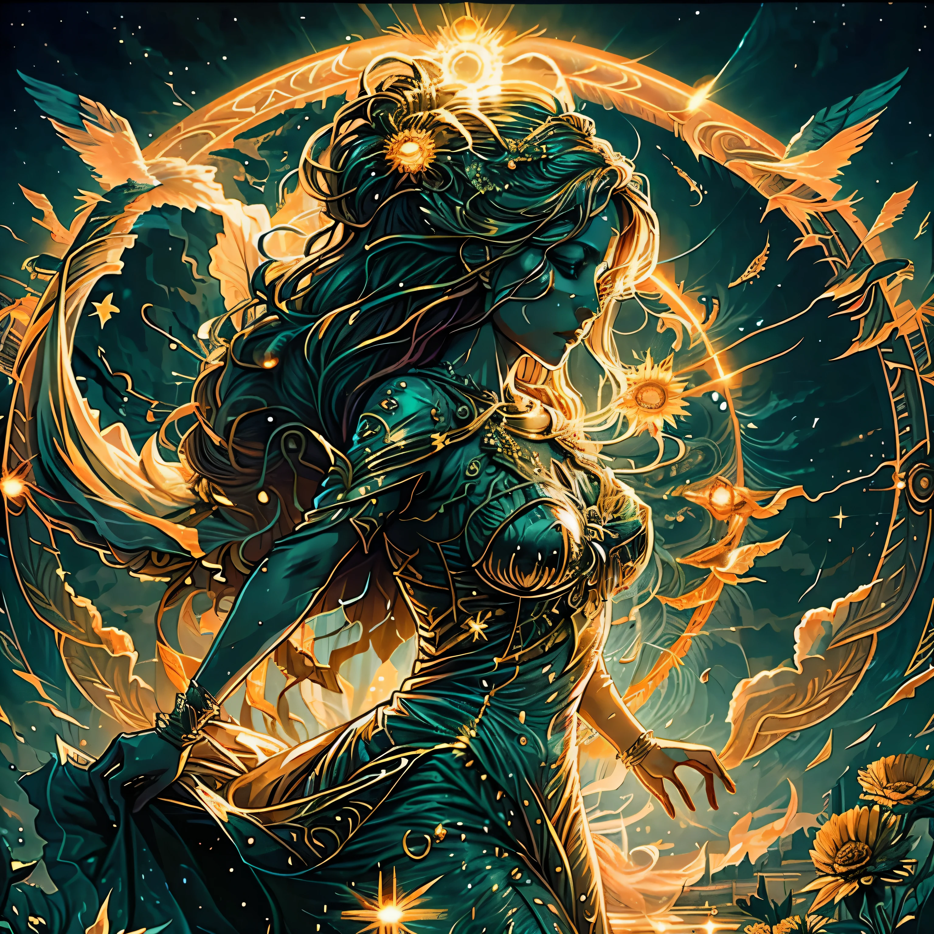 "Create an animated sequence of a celestial woman embodying the essence of the sun. She is ethereal and radiant, with her form and attire made from the vibrant, colorful rays of the sun. Begin with a scene showing the vast cosmos, where she emerges as a silhouette against the backdrop of distant stars. As the animation progresses, the sun's rays start to converge around her, forming a flowing, luminous dress that symbolizes warmth and light. Her movements are graceful and fluid, suggesting a dance with the cosmos. The rays of the sun should be animated to ripple and shimmer, giving the impression of constant motion and energy. The sequence should capture a sense of awe and beauty, highlighting her connection with the universe and the life-giving power of the sun."
