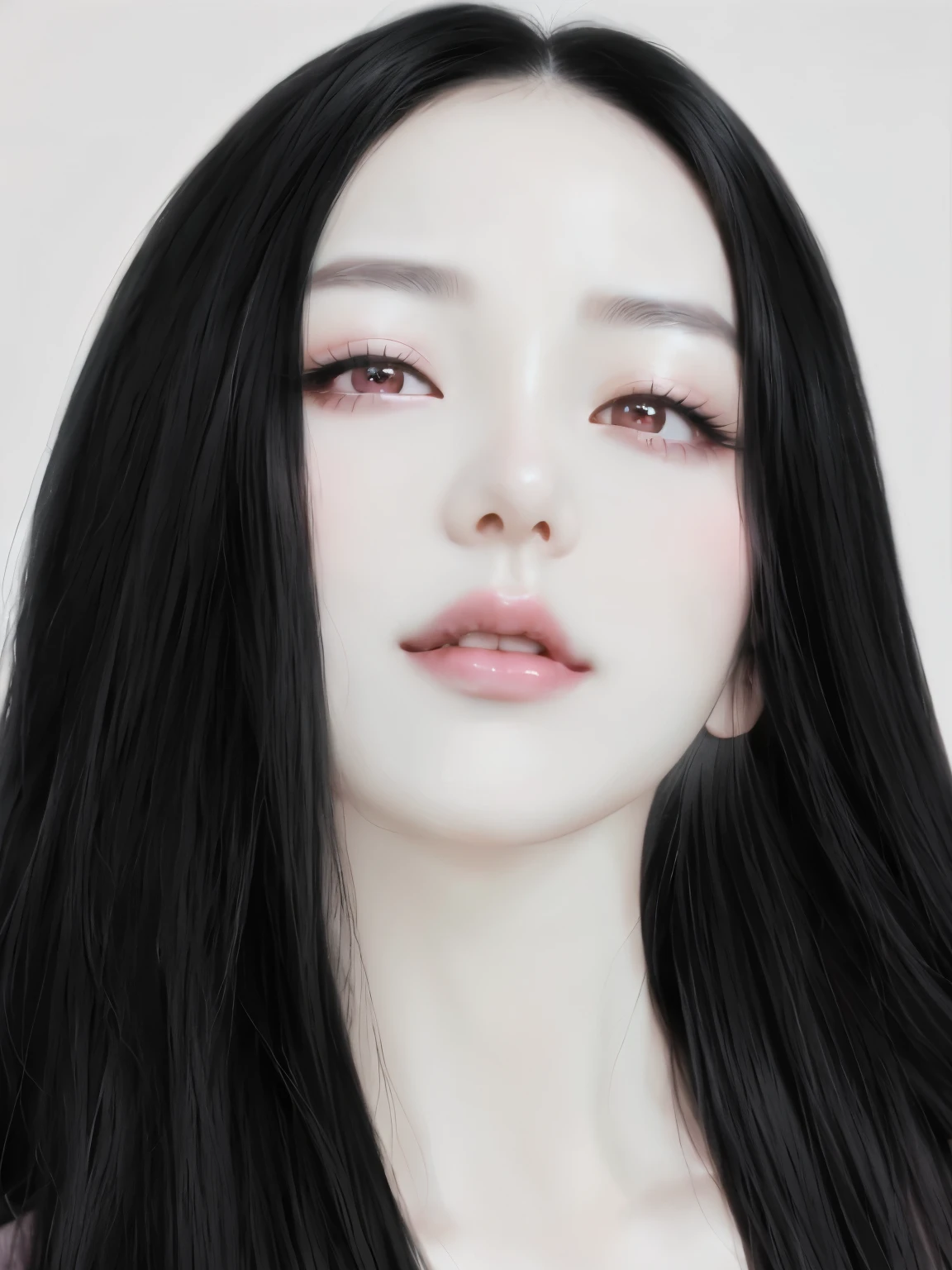 a close up of a korean woman with long black hair and a pink lips a pink pale skin