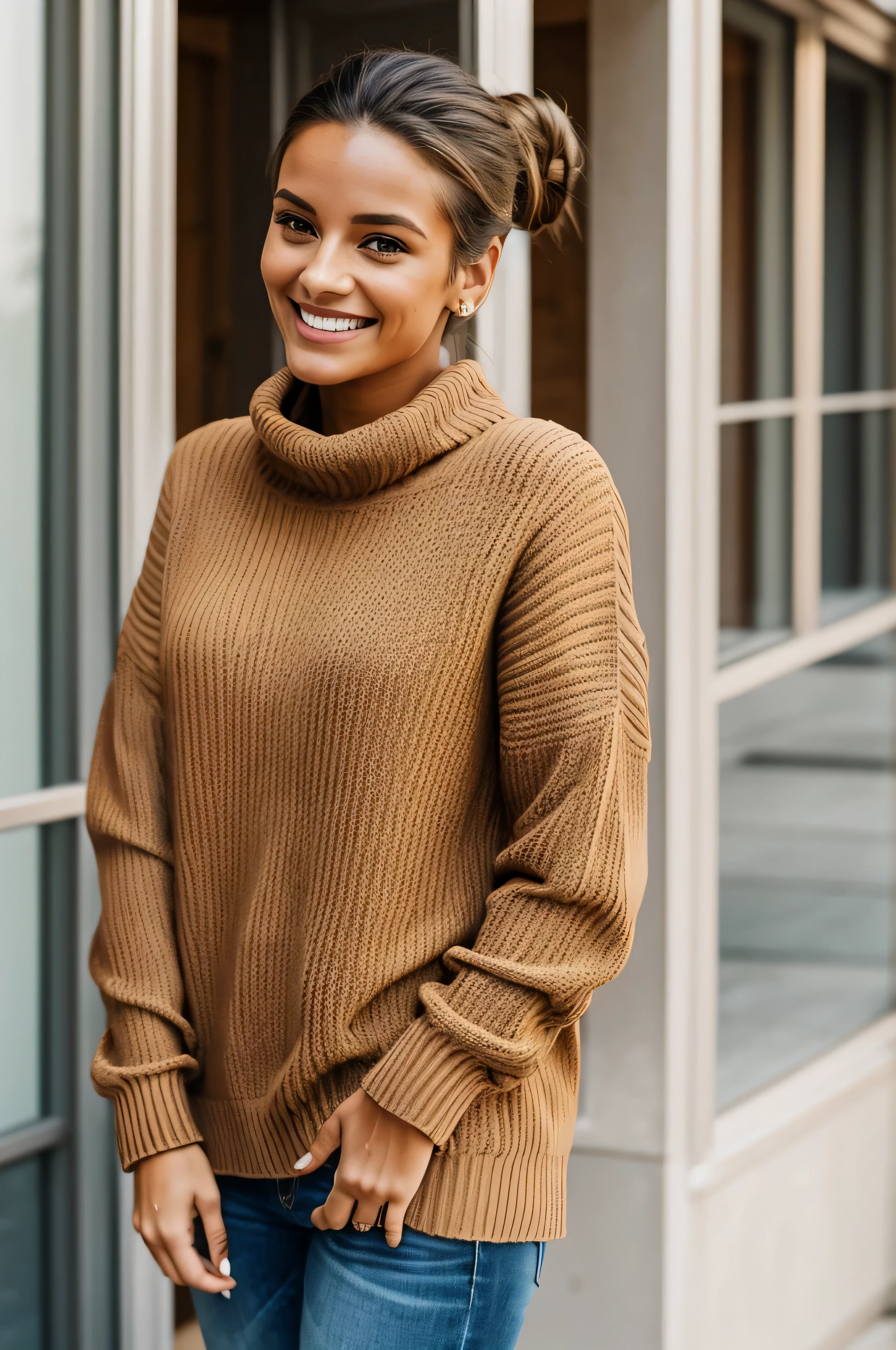 The picture shows a beautiful young woman, ein hellbrauner Pullover, standing in front of a building, Hair tied back in a bun. The woman smiles, radiate a warm and friendly atmosphere. The scene captures a relaxed and cozy moment, with the woman in a cozy and stylish outfit.