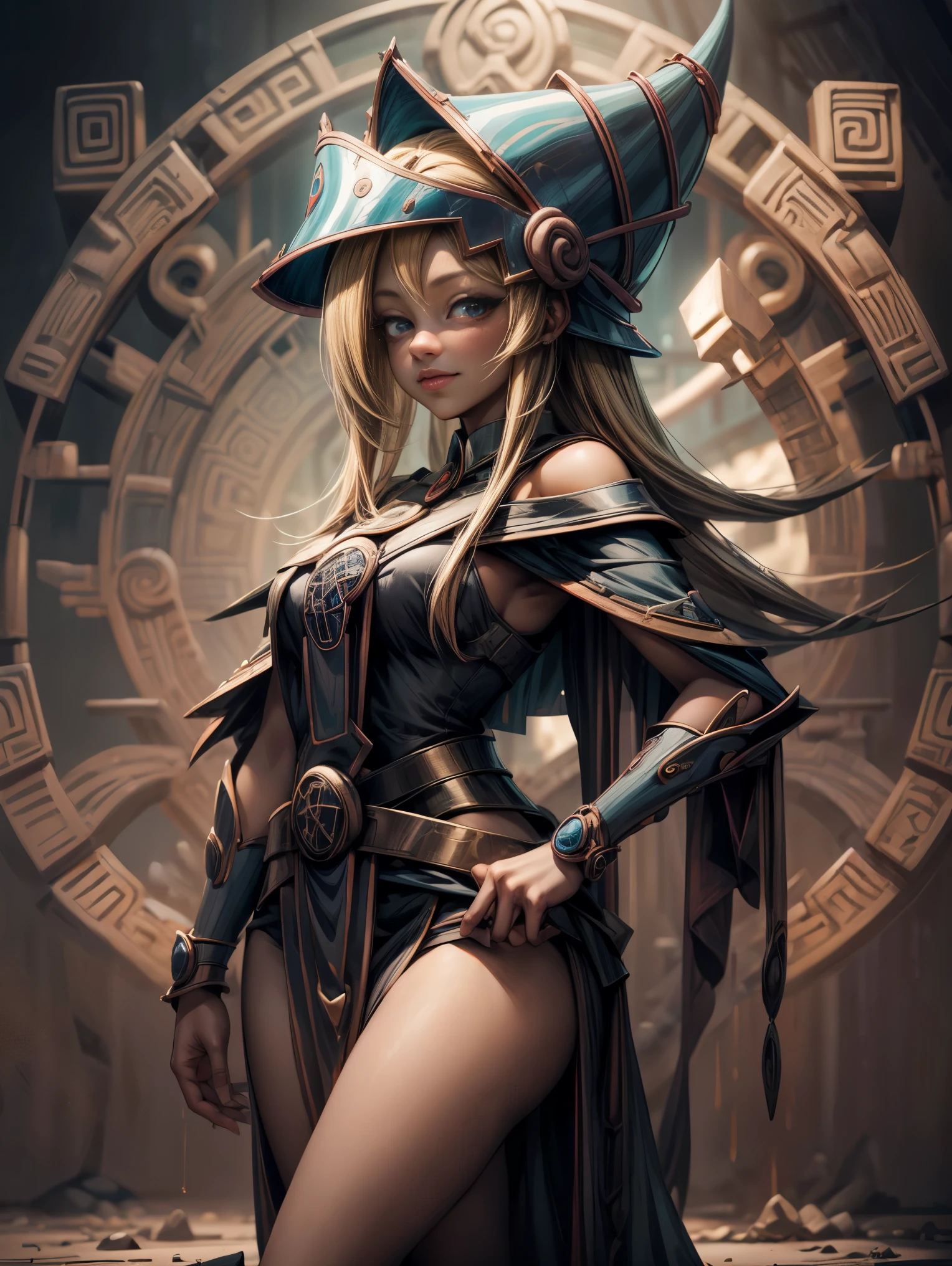 25 year old woman is Dark magician gils Mayan version she is standing, Magic hearts background. Sonrisa en sus labios. Ojos celestes. blond hair. ruinas mayas . Un ave quetzal vuela a su alrededor