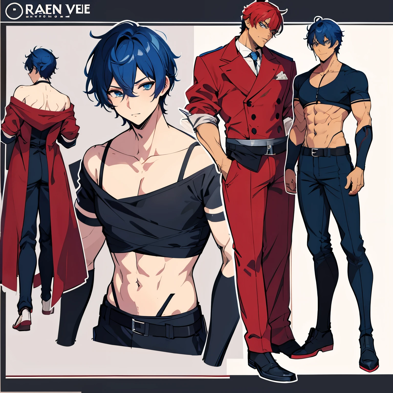 character design sheet, turn around, black male anime character, red short hair, blue eyes, constant result 