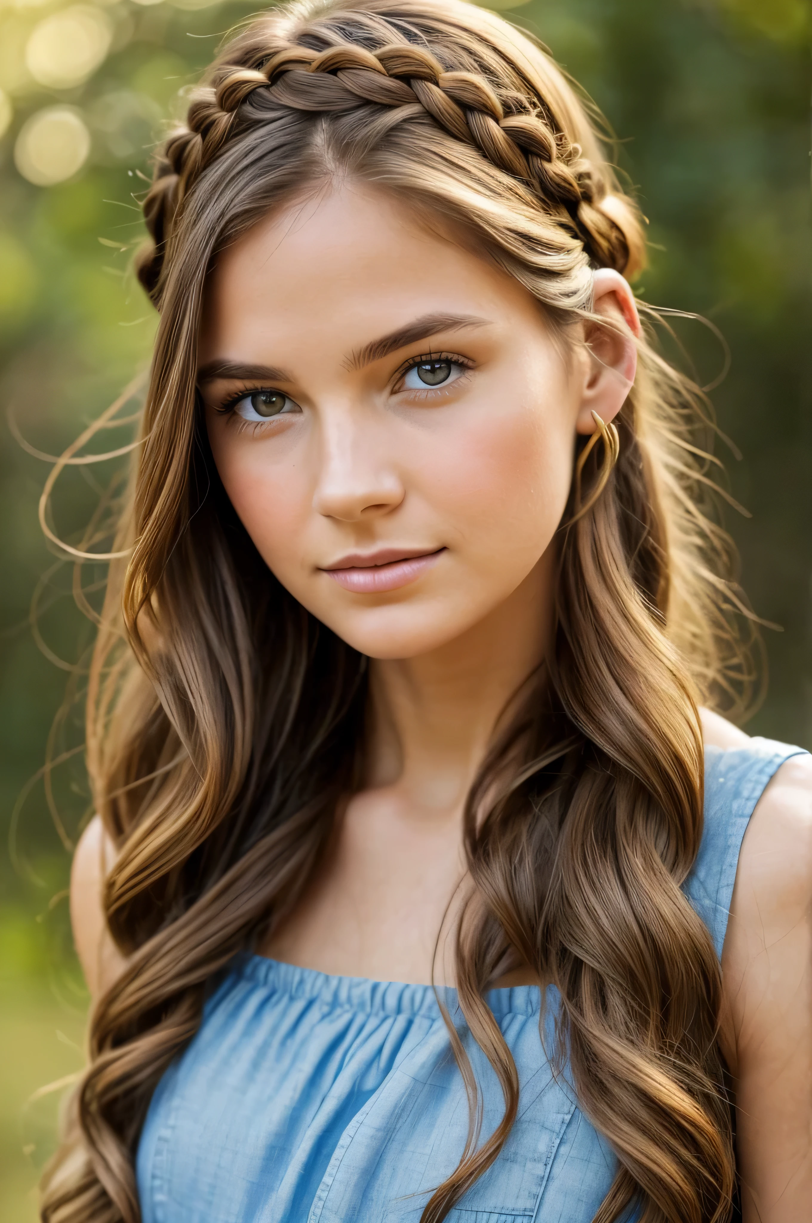  Portrait of a young woman with a serene facial expression and delicate facial features. Her light brown hair is styled in a loose braid over one shoulder, and she wears a blue headband with orange floral patterns. Sie hat klar, strahlende Haut und sanfte hellblaue Augen, die ein sanftes Selbstvertrauen vermitteln. Her clothing is casually elegant, with a relaxed blue denim garment. The lighting is soft and natural, Highlights the warmth and inviting quality of the portrait."