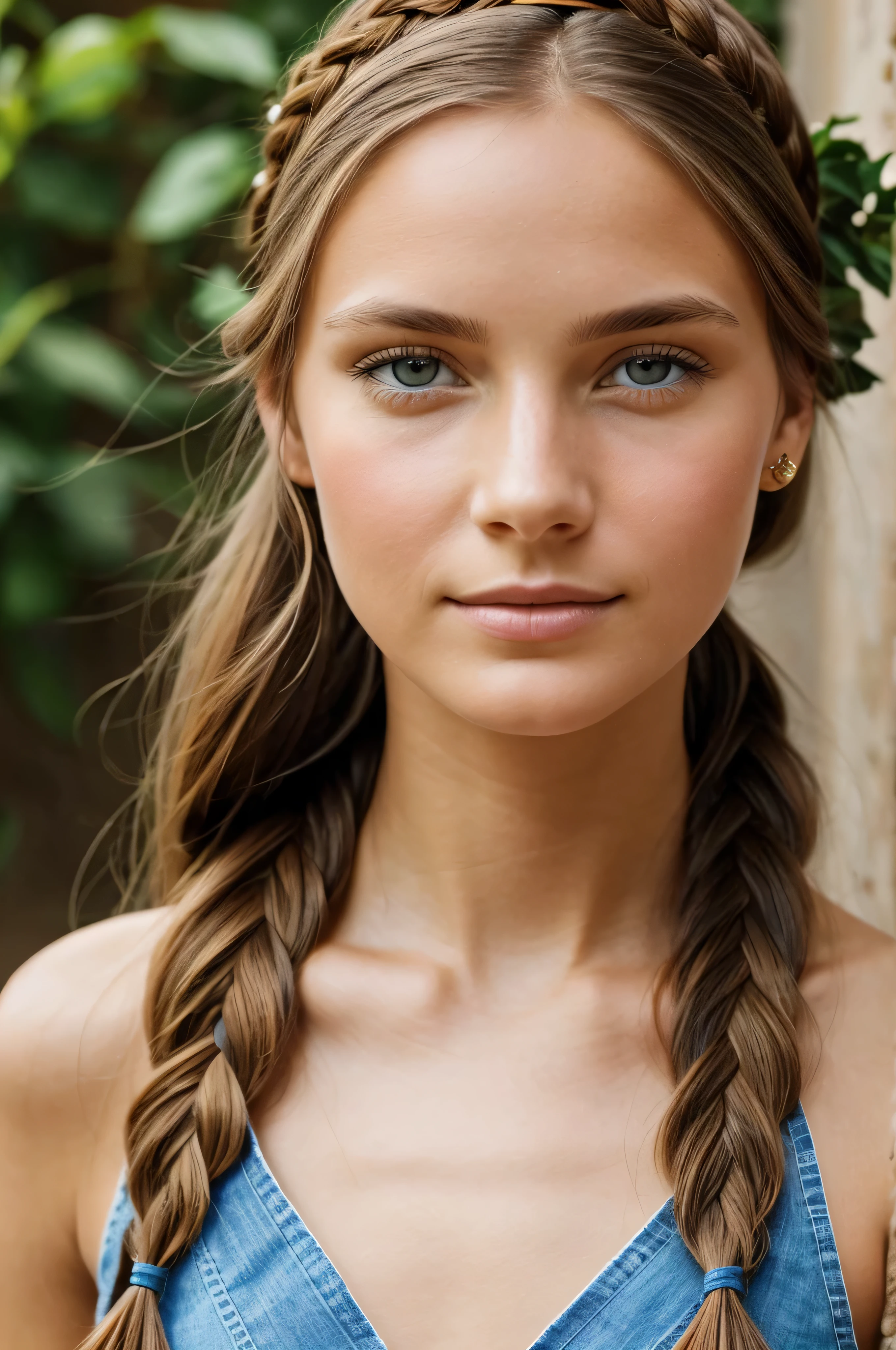  Portrait of a young woman with a serene facial expression and delicate facial features. Her light brown hair is styled in a loose braid over one shoulder, and she wears a blue headband with orange floral patterns. Sie hat klar, strahlende Haut und sanfte hellblaue Augen, die ein sanftes Selbstvertrauen vermitteln. Her clothing is casually elegant, with a relaxed blue denim garment. The lighting is soft and natural, Highlights the warmth and inviting quality of the portrait."