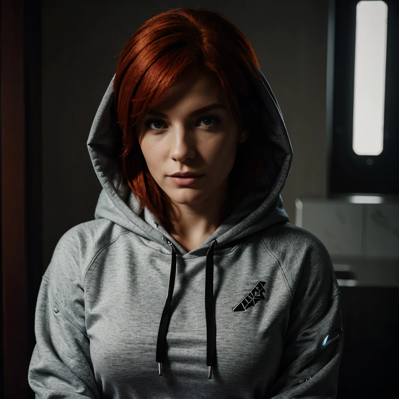 Red head femshep, wearing hoodie, cozy comfortable, portrait,