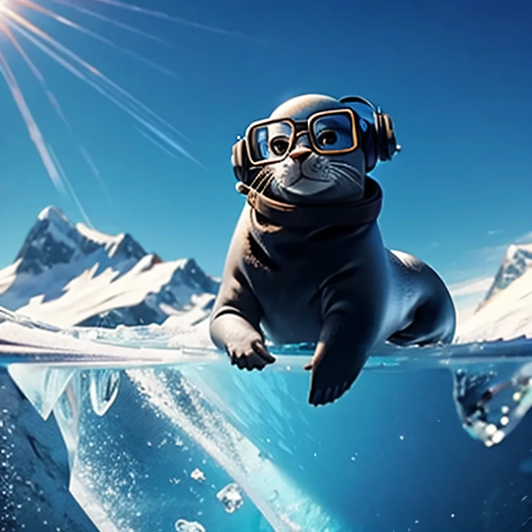Stamp with glasses , sheer, On the ice, dream style,  with headphones, high quality, Masterpiece