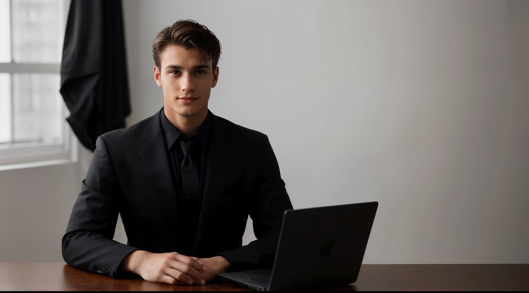 Create the image of a man about 25 years old, Sitting at a laptop, laptop open, dressed in a black suit, looks at the camera, A slight smile on his face, white - beautiful background, Cinematic image, high quality, style, 8K, realism