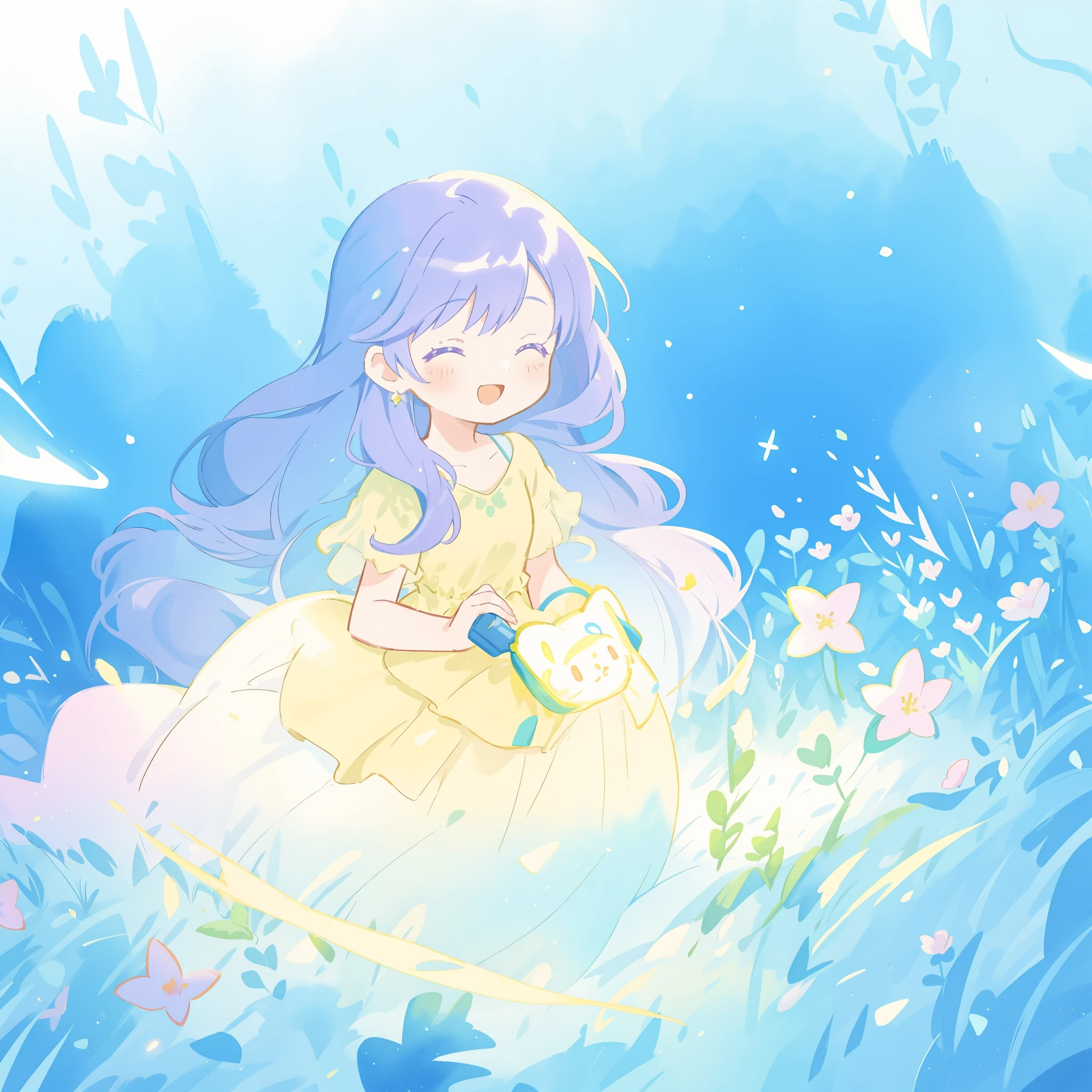 beautiful girl in yellow mint gradient flowing dress, long flowing blue purple hair, colorful fantasia background, vibrant bright colors, watercolor illustration, disney art style, glowing aura around her, glowing lights, beautiful digital illustration, fantasia otherworldly landscape plants flowers, beautiful, masterpiece, best quality, anime disney style