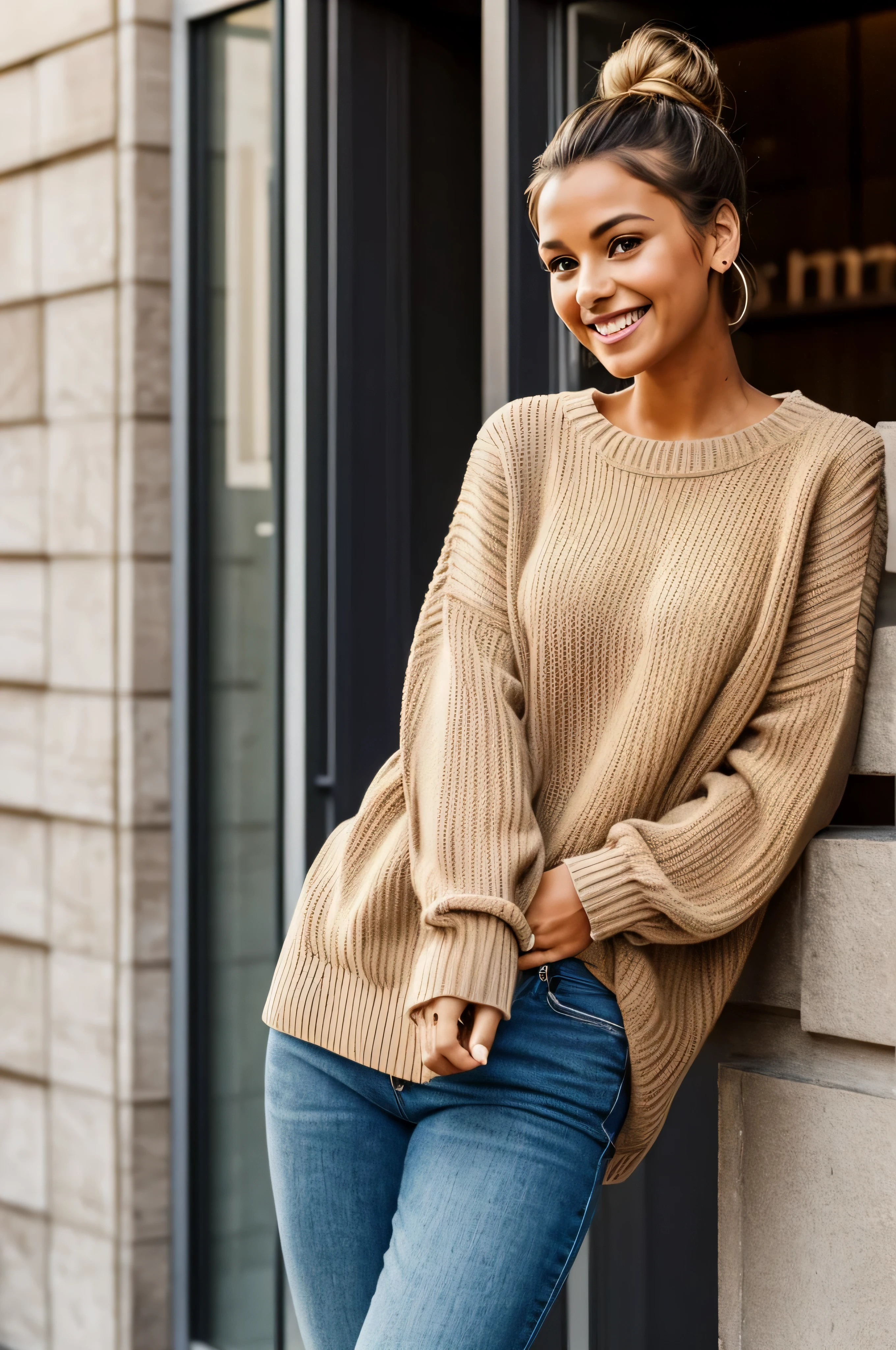 The picture shows a beautiful young woman, ein hellbrauner Pullover, standing in front of a building, Hair tied back in a bun. The woman smiles, radiate a warm and friendly atmosphere. The scene captures a relaxed and cozy moment, with the woman in a cozy and stylish outfit.