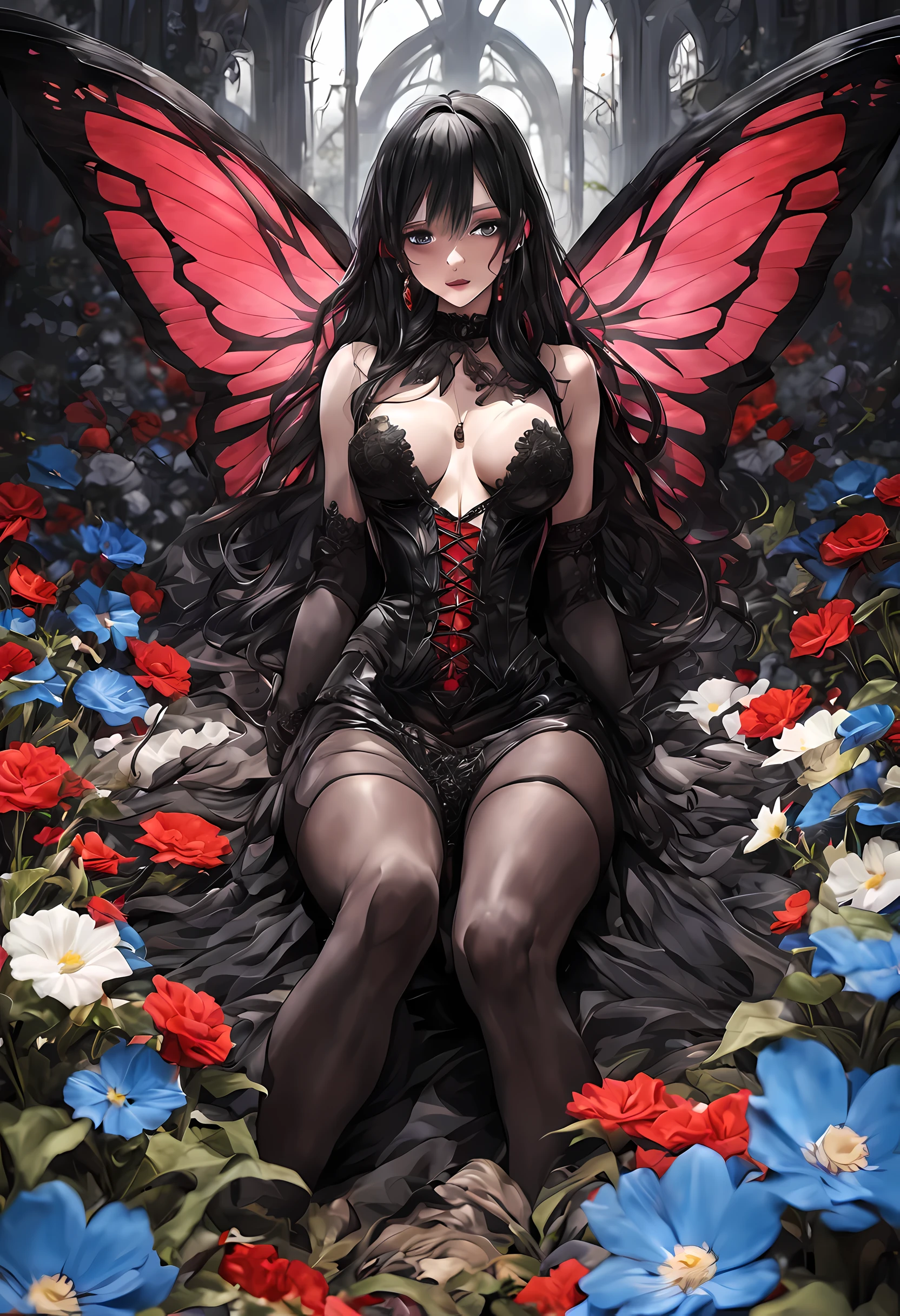 high details, best quality, 16k, RAW, [best detailed], masterpiece, best quality, (extremely detailed), full body, ultra wide shot, photorealistic, dark fantasy art, goth art, RPG art, D&D art, a picture of a dark female fairy resting in a flower meadow, extremely beautiful fairy, ultra feminine (intense details, Masterpiece, best quality), best detailed face (intense details, Masterpiece, best quality), having wide butterfly wings, spread butterfly wings (intense details, Masterpiece, best quality), dark colors wings (intense details, Masterpiece, best quality), black hair, long hair, shinning hair, flowing hair, shy smile, innocent smile, blue eyes, dark red lips, wearing [red] dress latex corset (intense details, Masterpiece, best quality), dynamic elegant shirt, chocker, wearing high heels, in dark colored flower meadow (intense details, Masterpiece, best quality), (red flowers: 1.2) , (black flowers: 1.2), (white flowers: 1.2), (blue flowers: 1.3) [extreme many flowers] (intense details, Masterpiece, best quality), dark colorful flowers (intense details, Masterpiece, best quality), flower meadow in a dark goth field background, dim light, cinematic light, High Detail, Ultra High Quality, High Resolution, 16K Resolution, Ultra HD Pictures, 3D rendering Ultra Realistic, Clear Details, Realistic Detail, Ultra High Definition, DonMF41ryW1ng5XL