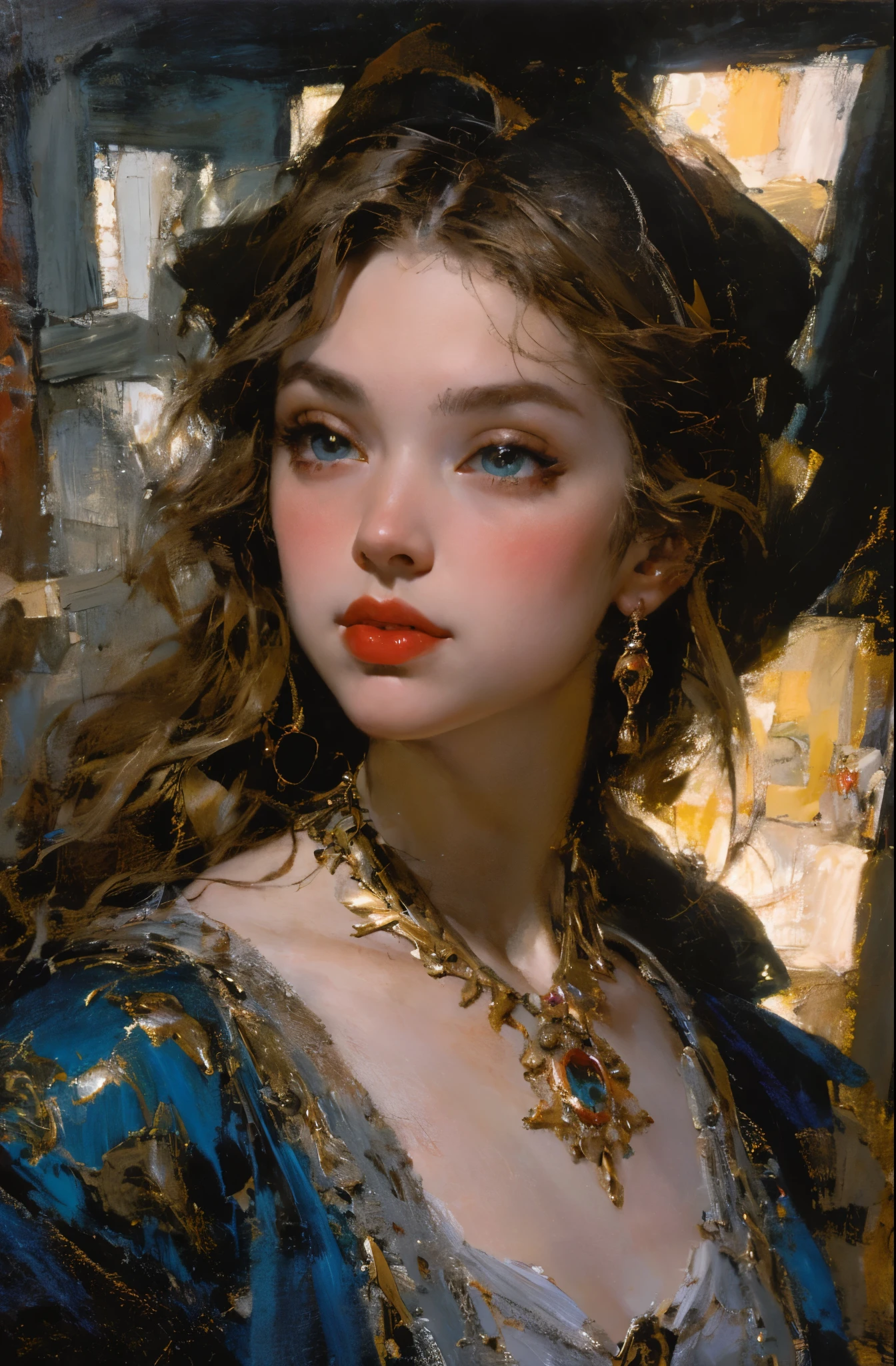 A painting of a woman with a blue dress and a red lip - SeaArt AI